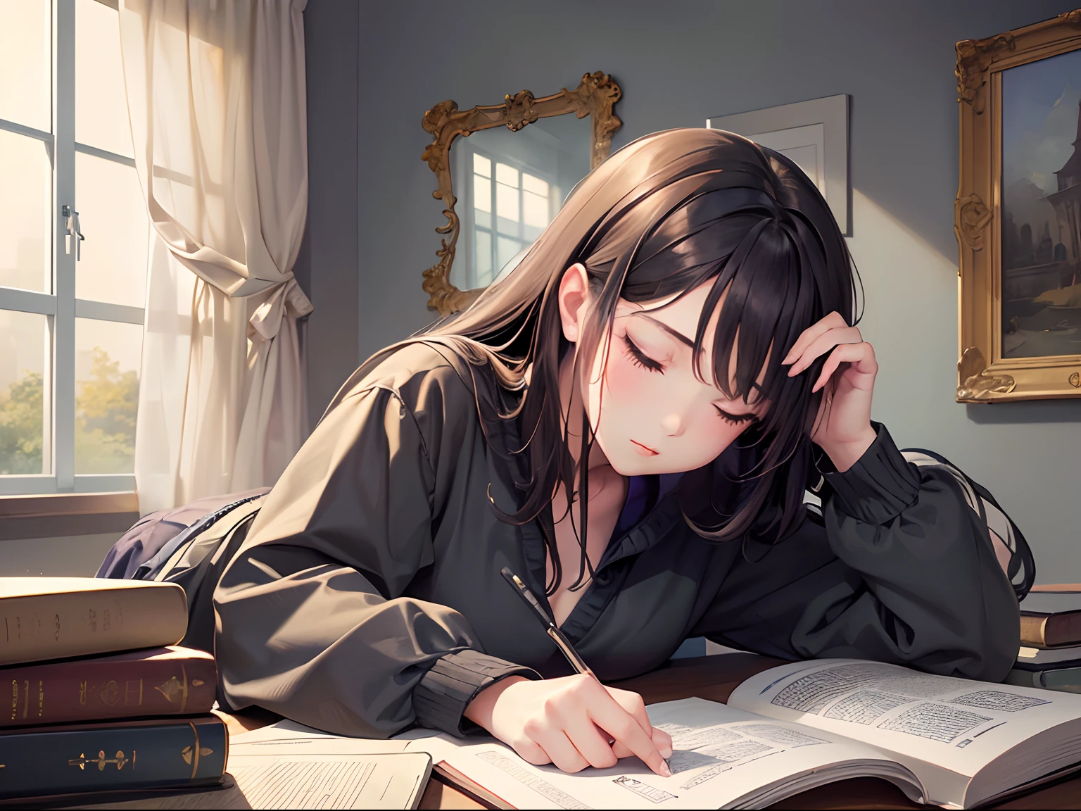 (best of quality)),(超A high resolution),(ultra - detailed),(Meticulous portrayal),((best picture)),(The best works of art),Ultra-precision art,Shocking depiction art, (1人の女性),dozing,Sleepy eyes, Books are spread on the desk