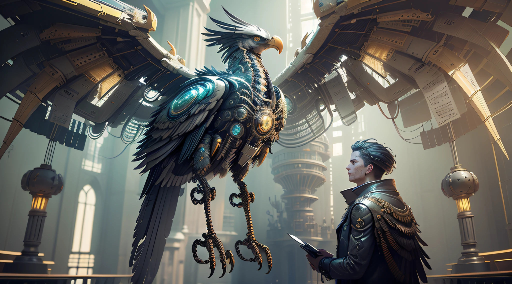the best quality, ultra-detailed, mechanical eagle nests, mechanical chick, claiming hunger, futuristic, metal feathers, mechanical wings, mechanical beak, complex design, realistic movement, high-tech mechanism, bright colors, dynamic lighting, aesthetic steampunk, robotic creature, futuristic technology, science fiction concept, detailed mechanics, advanced engineering, complex gears, mechanical flight, digital art, mechanical singing of birds in the sky, mechanical creature in a futuristic landscape, cybernetic bird, advanced artificial intelligence, avant-garde art, complex plumage, precision engineering, futuristic bird species, technological wonder, advanced design, mechanical avian, robotic bird hovering in the clouds, mechanical bird, ornate robotic bird.