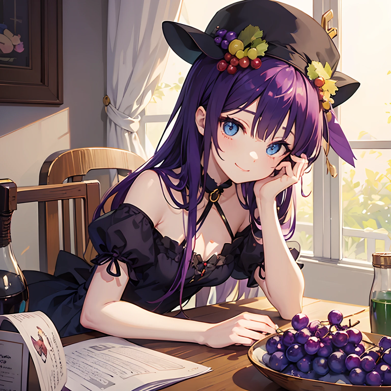 (((Delicat eyes)))、A slight smil、Anime girl sitting at a table with hat and grapes on her head, shorth hair, purple color hair、Cute anime girl, Eating grapes, young anime girl, guweiz, High quality anime art style