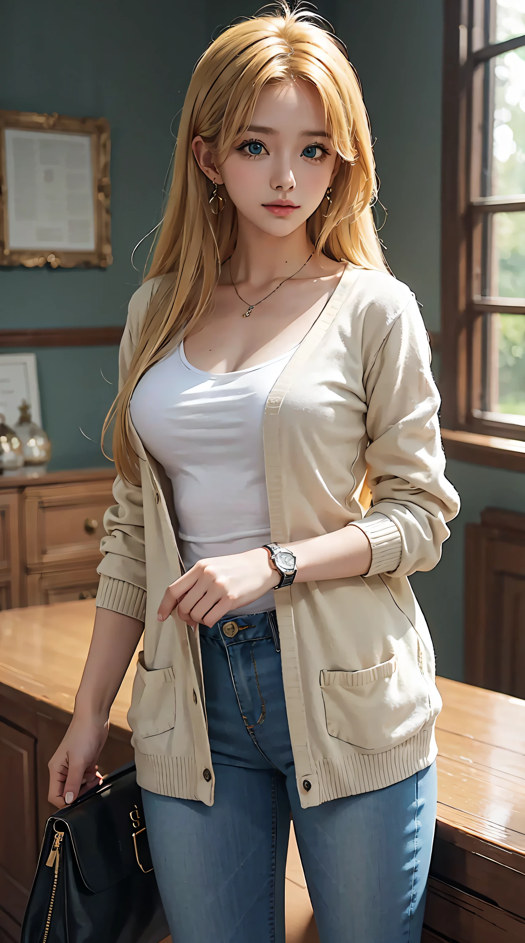 masterpiece, best quality, , 1girl, solo, looking at viewer, , depth of field, asia_argento, blonde hair, green eyes, beautiful, beautiful woman, perfect body, perfect breasts, wearing a white shirt, black cardigan, long jeans, handbag, wearing a watch, wearing earrings, in class, at college, university, blackboard, looking at the viewer, a slight smile, realism, masterpiece, textured leather, super detailed, high detail, high quality , best quality, 1080p, 16k