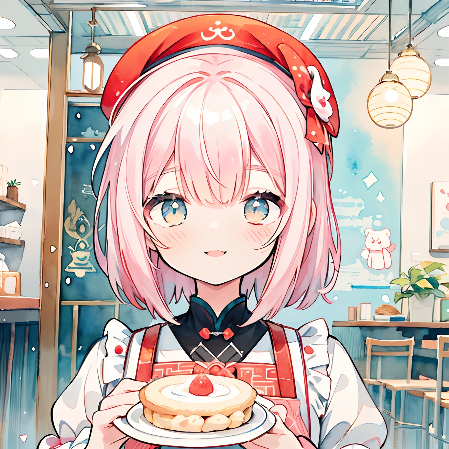 (PastelColors:1.5)、(Cute illustration:1.5)、(watercolor paiting:1.2)、facing front、Beautiful fece、Fashionable design clothes、Red and white apron、Stylish apron、Chinese、White and red motifs、short-hair、Red beret、Cook、Fantasia、Clear、Happiness、kirakira、smil、The best smile、Illustration of a person wearing an apron、Kawaii Girl、Happy smiling face、The best smile、Holding a plate in your hands、Tasty-looking dishes、Cafe Clerk、The upper part of the body