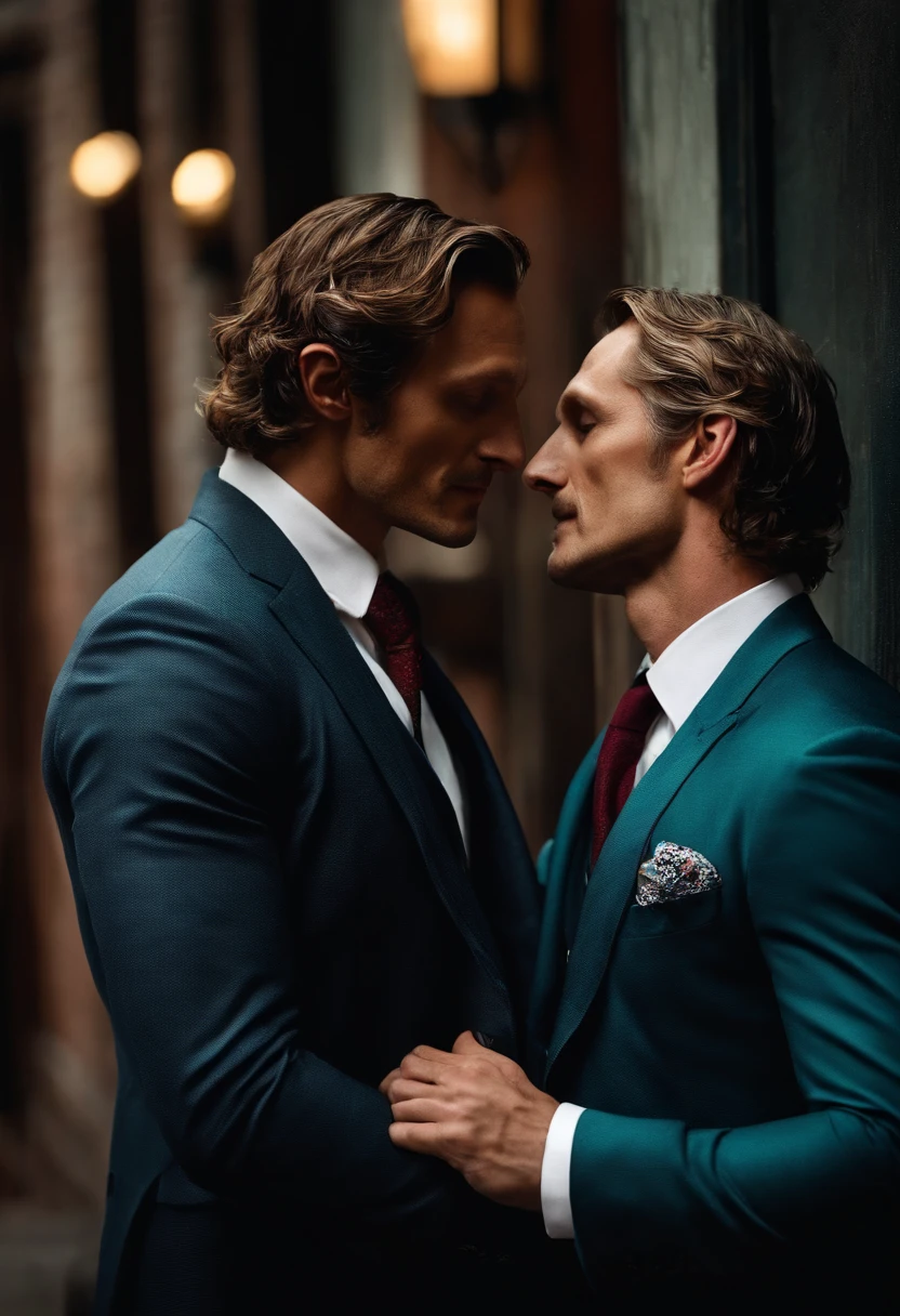 Hugh Dancy leans close to Mads Mikkelson both are in an alley almost about to kiss their hands are blood stained and both are wearing three piece suits