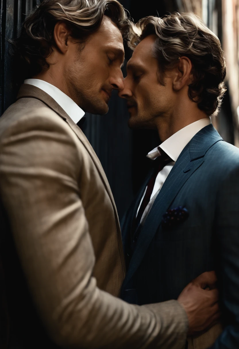 Hugh Dancy leans close to Mads Mikkelson both are in an alley almost about to kiss their hands are blood stained and both are wearing three piece suits