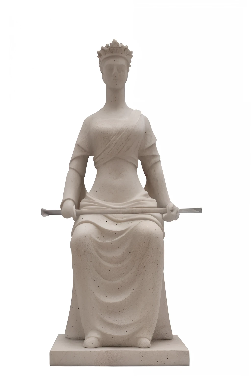 Por favor, generate an image that represents Justice in an allegorical and impactful way. Na cena, visualize the goddess of Justice blindfolded, Holding a balanced scale in one hand and a raised sword in the other. She should be standing in a majestic environment, with a solemn light that highlights your presence. Justice must be clothed in an imposing manner, with a tunic that flows down to the ground and a crown that symbolizes his authority. A cena deve transmitir a ideia de imparcialidade, fairness and firm implementation, mas justa, da lei. Feel free to add details that emphasize the importance of these principles in society.