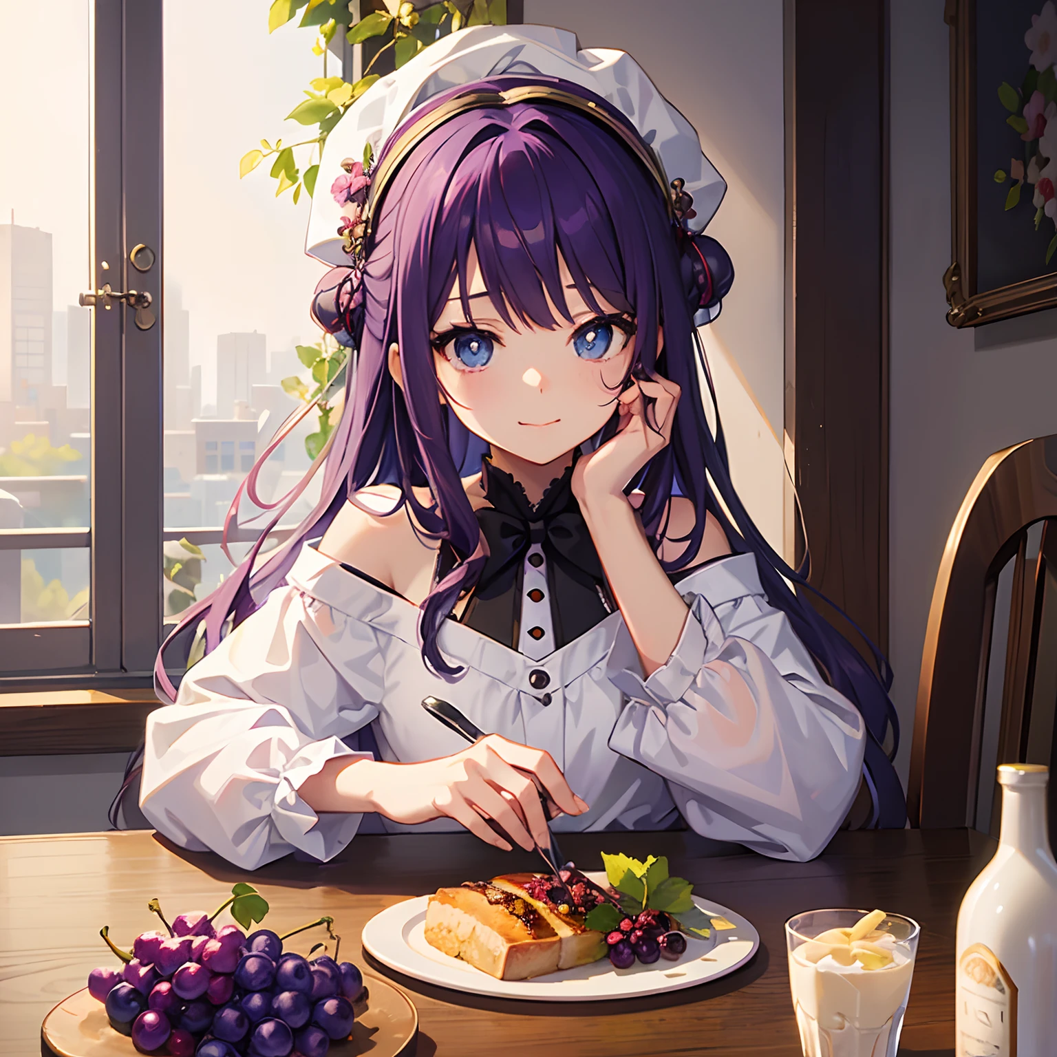 (((Delicat eyes)))、A slight smil、Anime girl sitting at a table with hat and grapes on her head, shorth hair, purple color hair、Cute anime girl, Eating grapes, young anime girl, guweiz, High quality anime art style