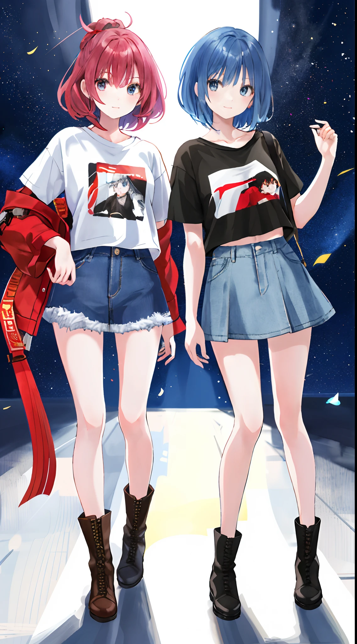 Two young and beautiful girls，ultra - detailed，offcial art，Unity 8k壁纸，（FashionMagCover：1.3），
break
Denim Mini Skirt，Graphic T-shirt，Combat boots，model photoshoot，standing on your feet。Medium shot