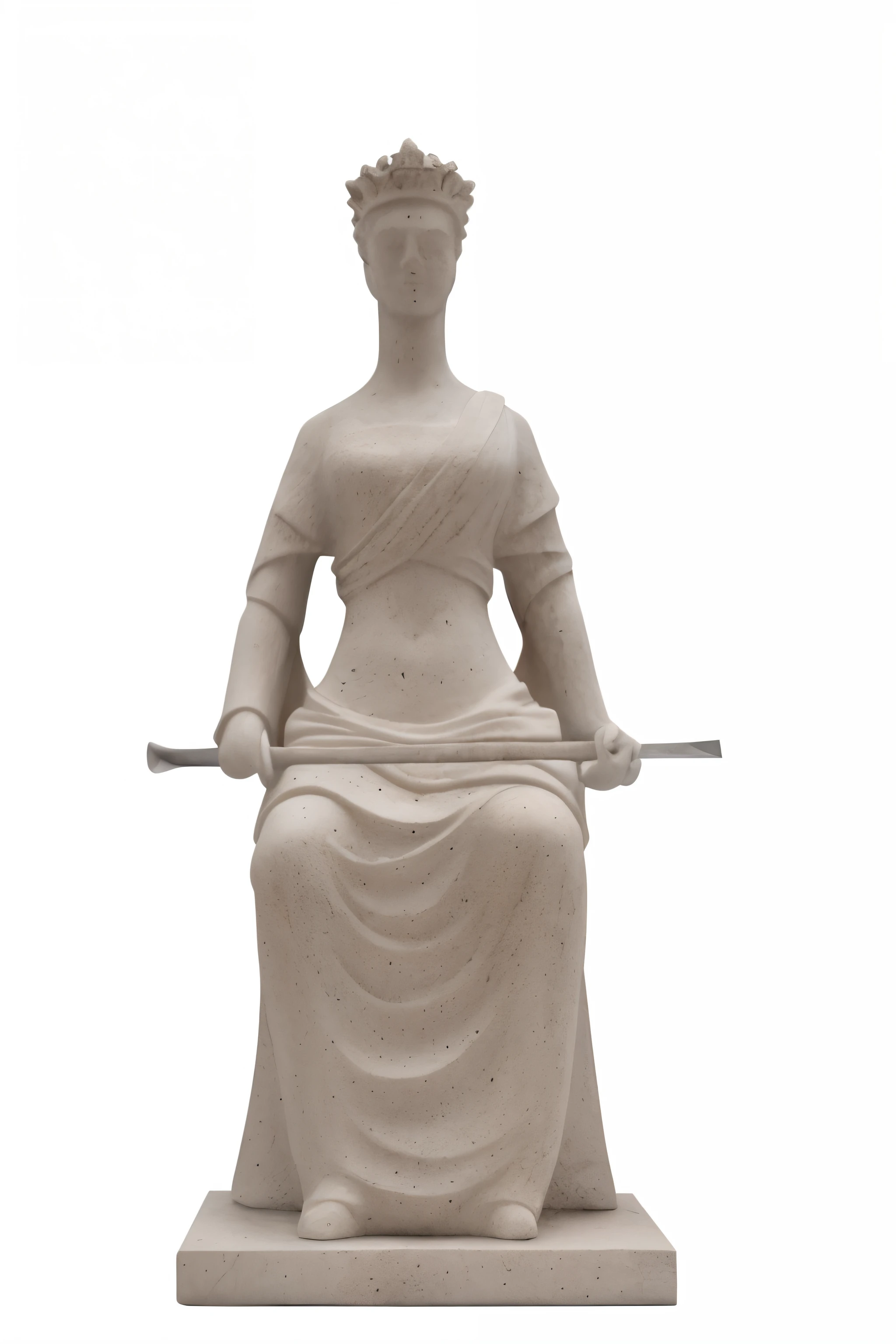 Por favor, generate an image that represents Justice in an allegorical and impactful way. Na cena, visualize the goddess of Justice blindfolded, Holding a balanced scale in one hand and a raised sword in the other. She should be standing in a majestic environment, with a solemn light that highlights your presence. Justice must be clothed in an imposing manner, with a tunic that flows down to the ground and a crown that symbolizes his authority. A cena deve transmitir a ideia de imparcialidade, fairness and firm implementation, mas justa, da lei. Feel free to add details that emphasize the importance of these principles in society.