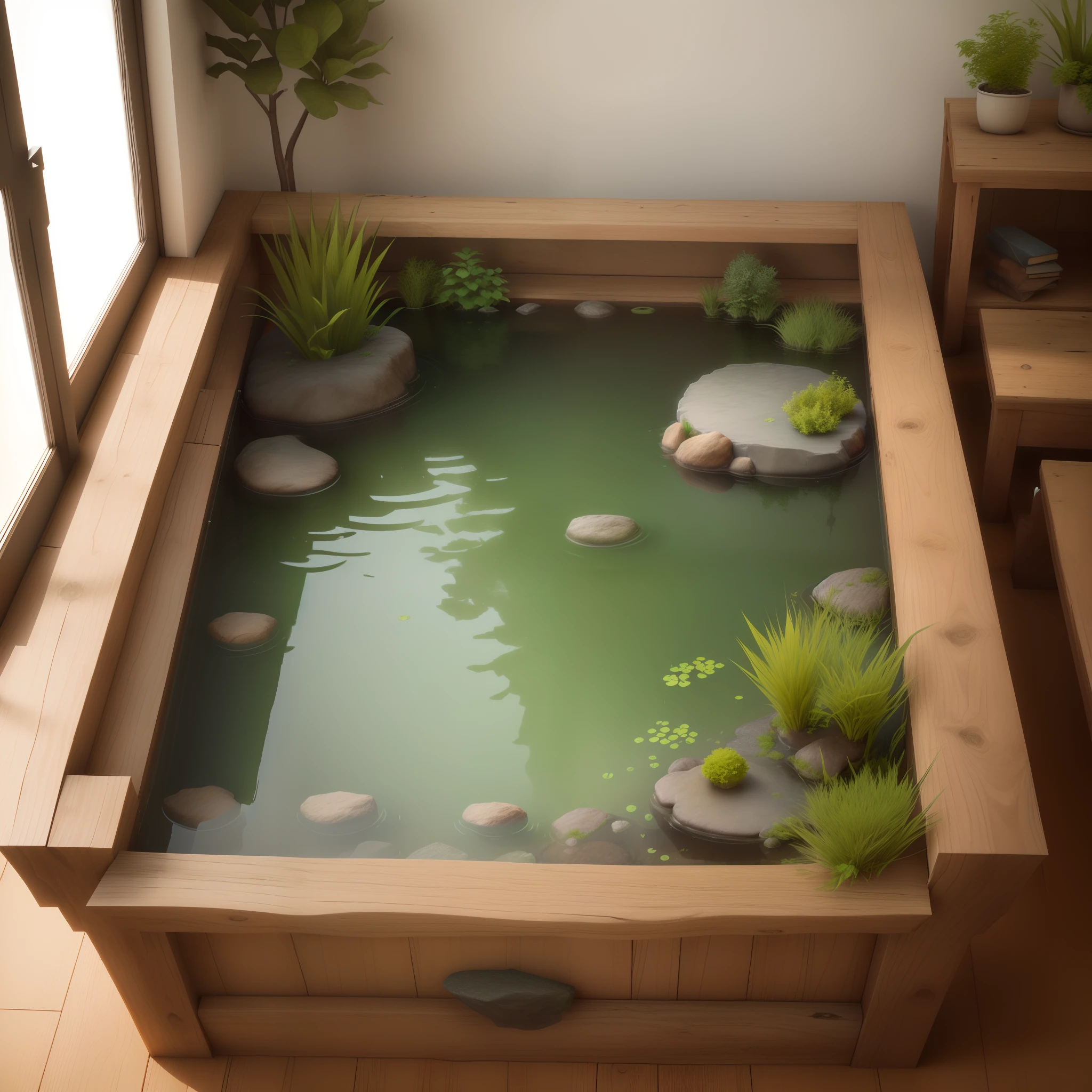 there is a small pond with rocks and plants in it, with a miniature indoor lake, small pond, pond, high quality 3 d render, high quality 3d render, natural realistic render, realistic fantasy render, cute 3 d render, stylized 3d render, beautiful 3d render, rendered in unreal engine 3d, gorgeous 3d render