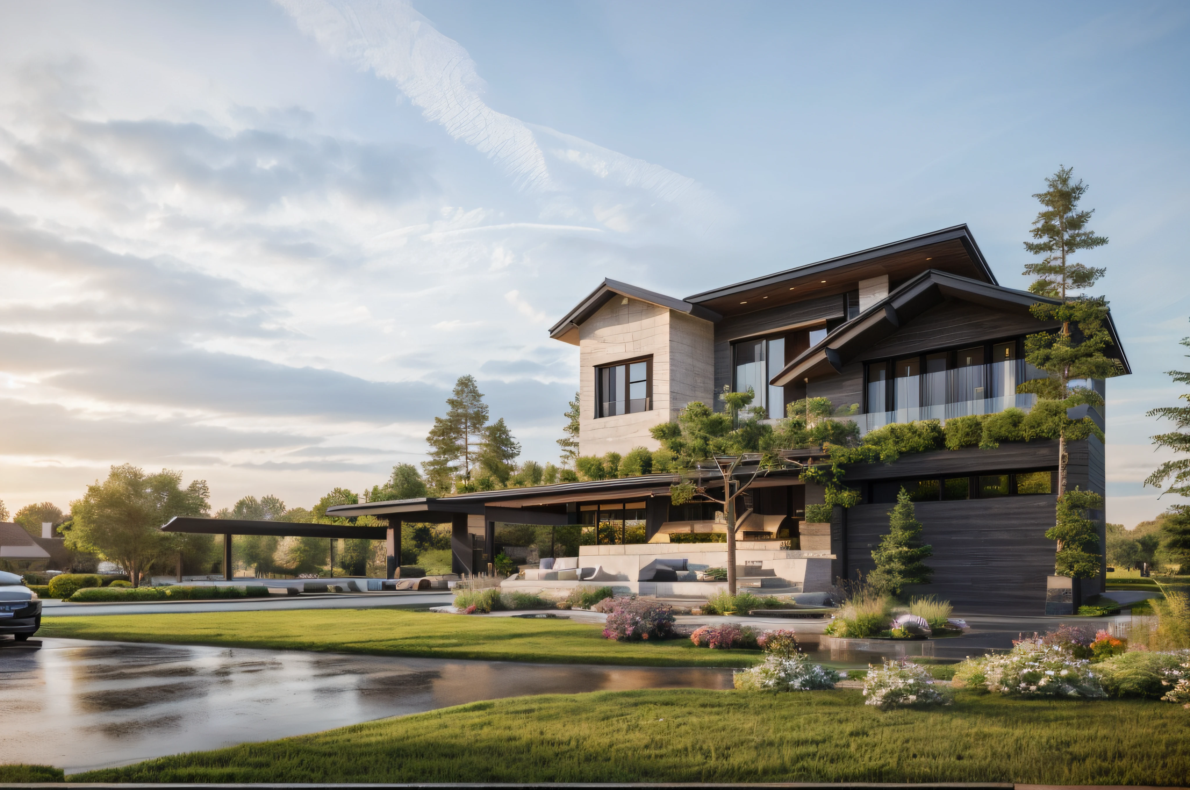 (masterpiece),(high quality), best quality, real,(realistic), super detailed, (full detail),(4k),8k,modern house exterior design,Modern architecture,Beautiful_sky,Day light, no_humans, outdoors,sky,tree,Garden flower front of building,