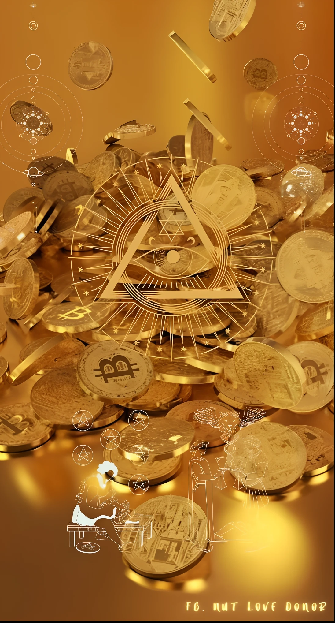 Plus a cherub,Sprinkle the gold dust,A close-up of a bunch of gold coins,With pyramids and triangles, 🚀🚀🚀, coin of secret society, cryptocurrency, cryptocurrency in the background, With many gold coins, crypto valut, salasi, has gold, gold coins, ( todos vendo olho ), eye of providence, eye of providence, todos vendo olho, 🪔 🎨;🌞🌄