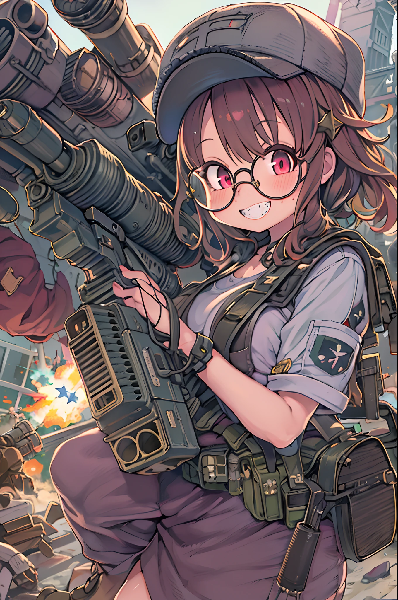masutepiece, Best Quality, 1girl in, Sharp eyes, Evil smile,rocket launcher、Huge firearms、big round glasses,Camisole、Jagged teeth,Moe、heavy machine gun、machine gun、Spree、big explosion