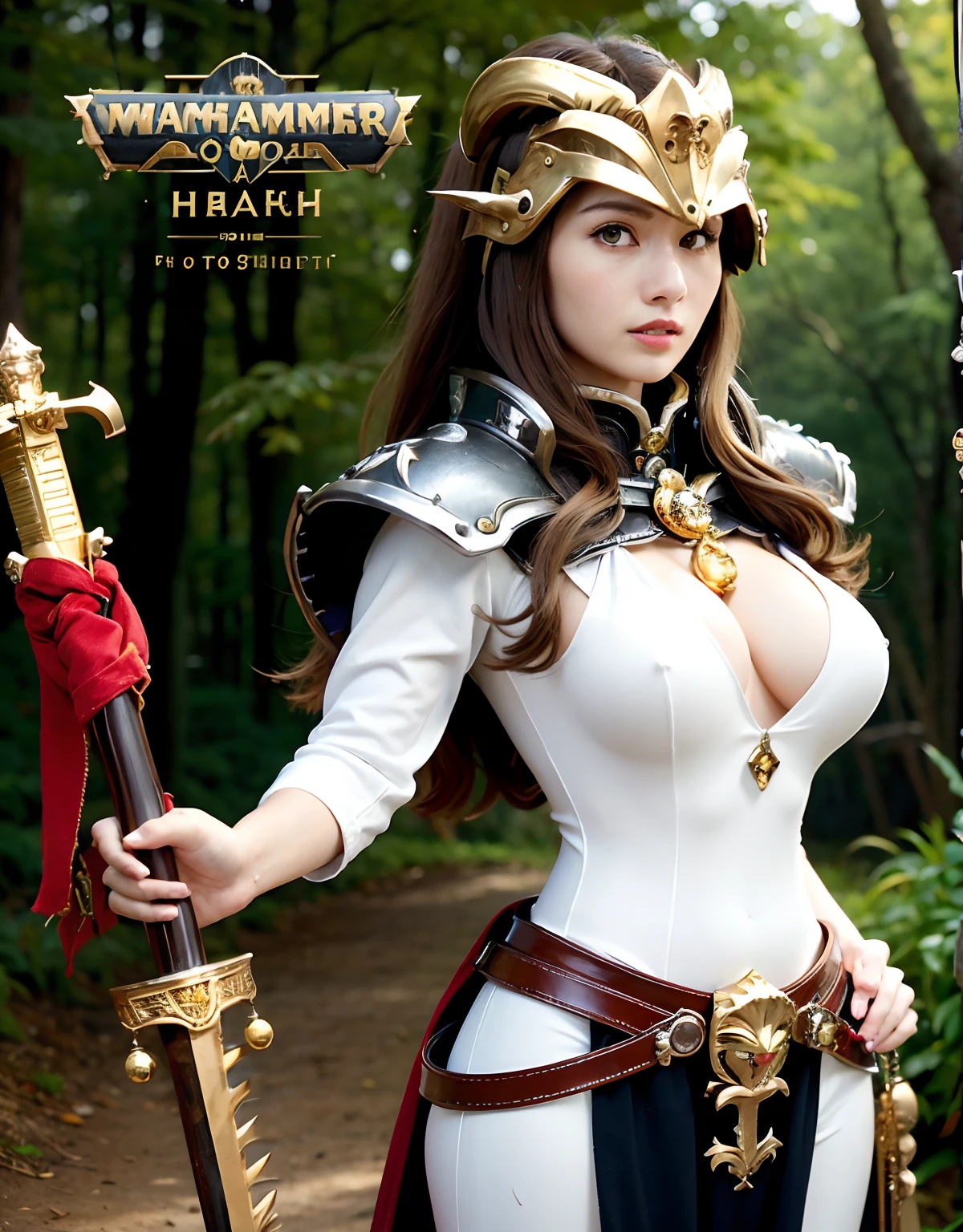 Professional , ​masterpiece、top-quality、photos realistic , depth of fields ,top-quality、​masterpiece、超A high resolution、(Photorealsitic:1.4)、Raw photo、1a person、（Wind element），close-up，dream magical，tornado，Lightning，cleavage of the breast、Castle background,（Detailed Gemstone Gold Jewel Body:1.６),(Matte White、Jewel Gold Weapon_、（Detailed silver metal body:1.４),Gorgeous Jewel Metal Weapons ,(( Detailed Sword of the Brave)) ,（Stand in front of the dragon）、（magic circles、Magic Chanting）、  Castle background  ,warhammer 40k ,,Wear a gorgeous jewel helmet with attention to detail、Brown hair、（(Gangle's forest background))、Beautiful Caucasian beauty、１a person、dynamic ungle,(((Legendary Armor Jewelry Helmet)))、Particles of light、cleavage of the breast、Battle Pose、Mystical expression、