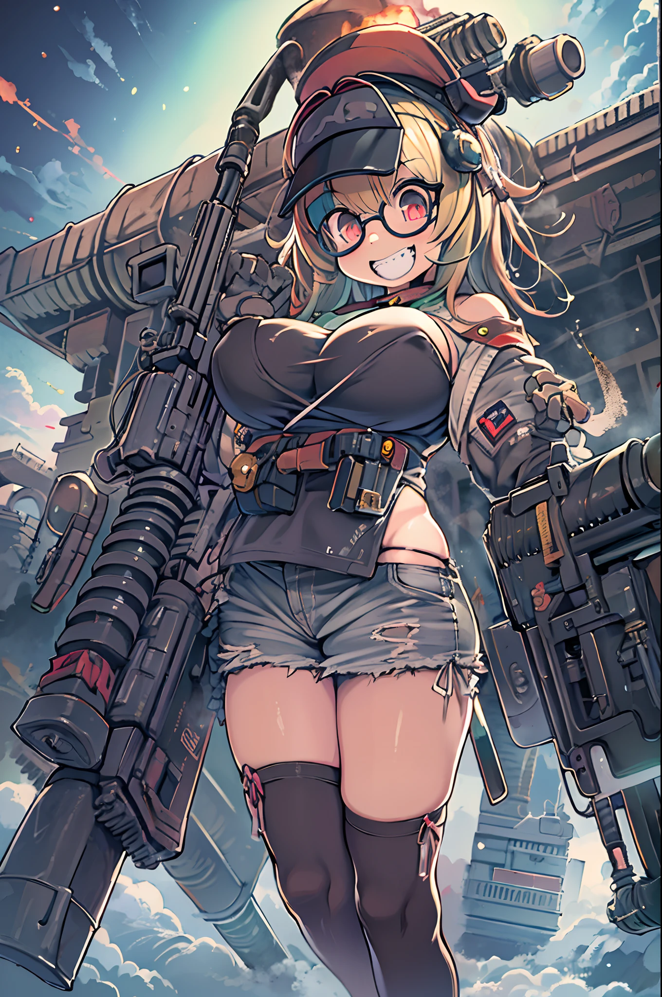 ((1 lady))、ultra-detailliert, Top image quality, digitial illustration, Seductive Anime Girl, Glossy realistic skin texture、Meticulously drawn hair, Meticulously drawn eye, Sharp Focus, Precise human body structure、Smooth texture、((Combative posing:1.5)), ((fighting stance))、((Holding a big Heavy artillery:1.6, armament:1.3))、((bazooka and gatling gun and rocket launcher))、((dynamism:1.3))、((dynamic angle:1.2))、((Hover effect:1.4)), ((Being in battle field:1.2))、seductive smile、((latex micro bikini:1.3 crop top:1.3))、((sleeveless))、((cleavage:1.3))、((crop top navel))、((highleg:1.3))、((huge breasts:1.3))、((huge hip:1.3))、((thick thighs))、curvy、((collarbone))、((cameltoe))
