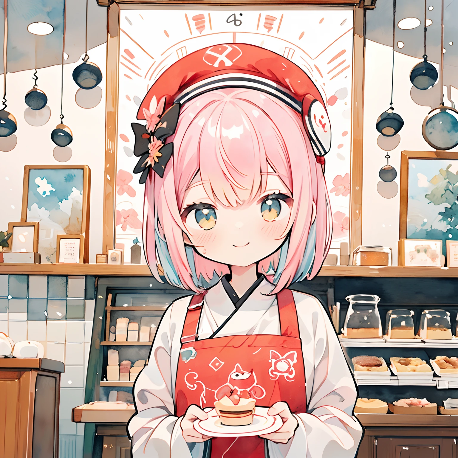 (PastelColors:1.5)、(Cute illustration:1.5)、(watercolor paiting:1.2)、facing front、Beautiful fece、Fashionable design clothes、Red and white apron、Stylish apron、Chinese、White and red motifs、short-hair、Red beret、Cook、Fantasia、Clear、Happiness、kirakira、smil、The best smile、Illustration of a person wearing an apron、Kawaii Girl、Happy smiling face、The best smile、Holding a plate in your hands、Tasty-looking dishes、Cafe Clerk、The upper part of the body