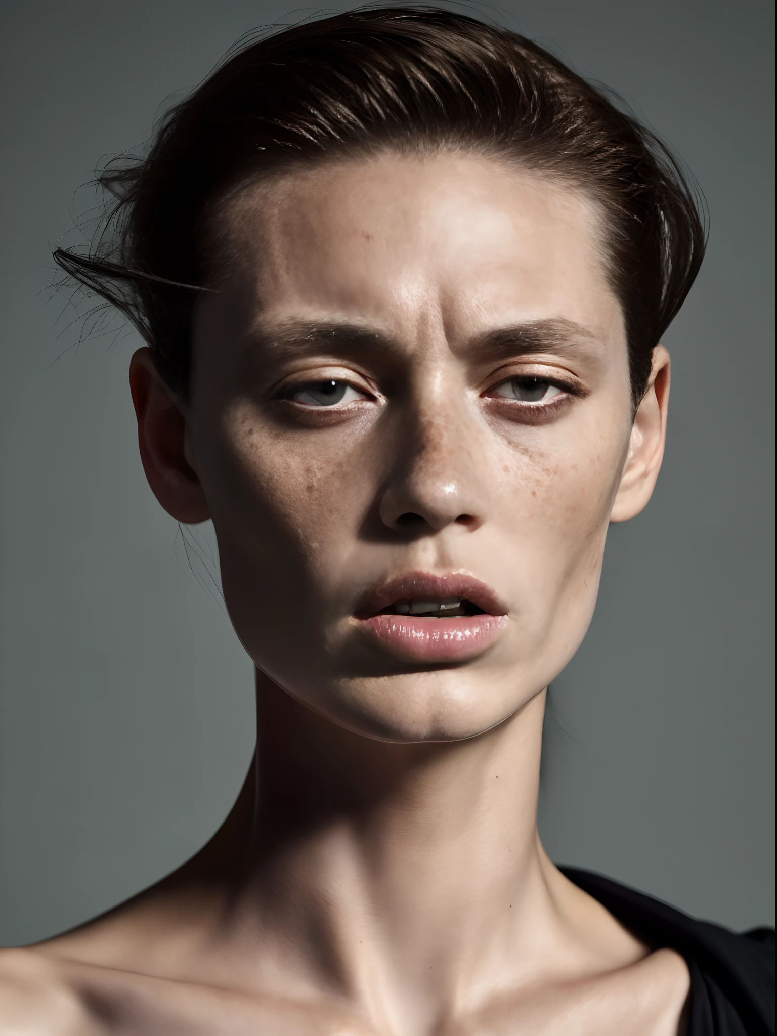 ((Vogue magazine))), boyish, UGLY, half down syndrome, unbalanced face, close up, highly detailed,, ; dry skin, skin pores, looking away, detailed, run, analog, 50mm Leica, undershot, low shutter speed, super realistic, contrast, imperfect, hard light, (((side light))), dry skin, freckles, black fabric, wind, strangle, outdoor, agitated, High Fashion, model, vogue, RAW, contrast, androgynous, 8k