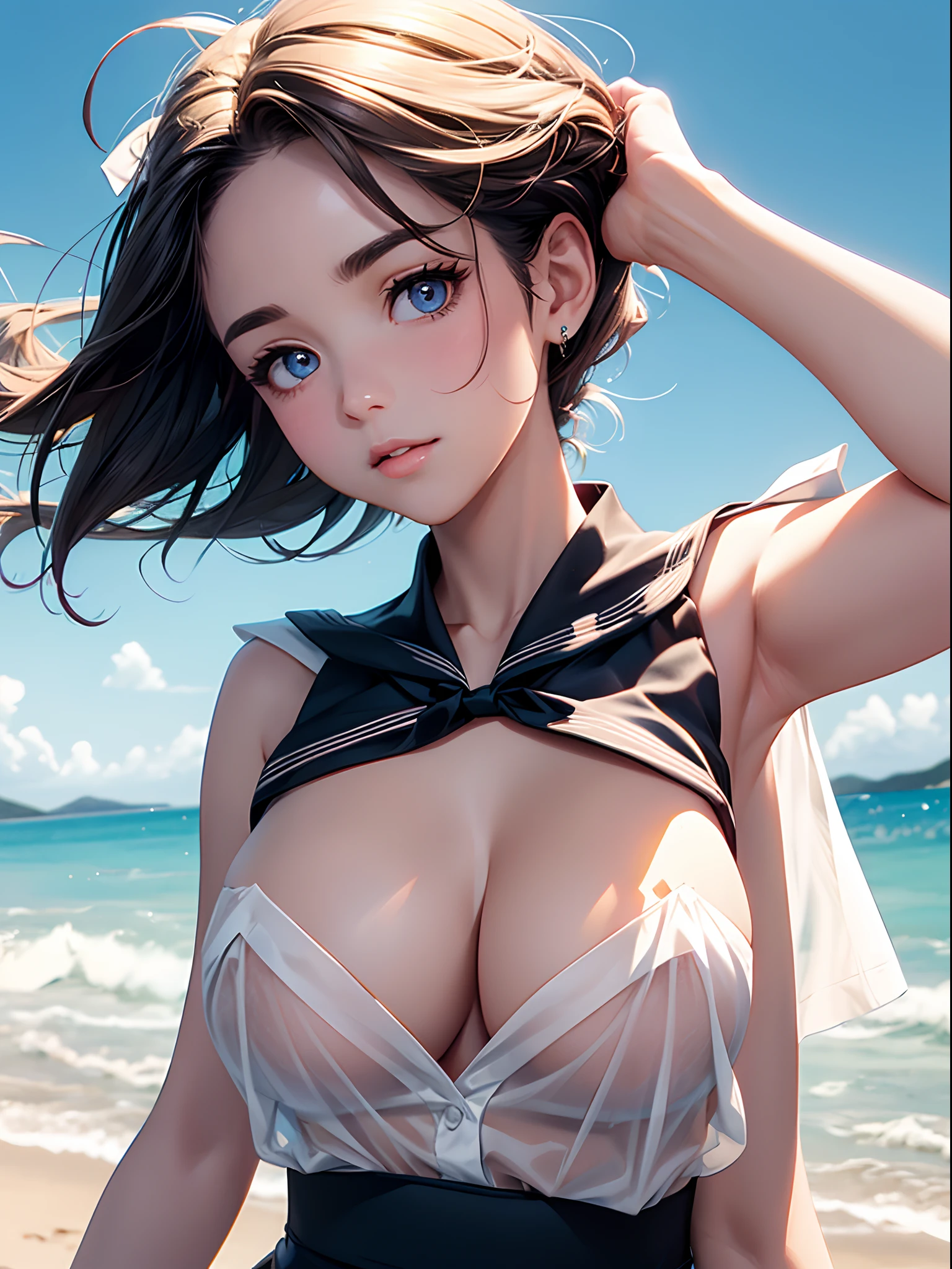 Close  up of face, beautiful face, cute face, (((toppless))), (((sheer sailor  shirt , Sleeveless ))), (((Show off  cleavage))), (((Large breasts))), (((Open front))), Detailed beautiful eyes, (((Sunny))), extremely detailed CG unified 8k wallpaper, very fine 8KCG wallpaper, (​masterpiece, Best Quality), High resolution, Ultra-detailed, ultra-sharp, 1 girl, Naked, perfecteyes eyes