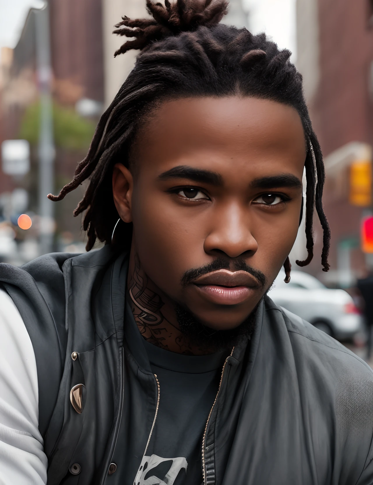 Hyper realistic , ultra detailed, photo of ruggedly handsome African man, 18 years old, thick masculine eyebrows, big lips, prominent lips, tattooed, Front facing, ultra detailed, ultra accurate detailed, Shot with canon EOS RI camera at 50 mm focal length with a 1.4 aperture. 4k, 8k. Heavy makeup and a coy expression, photo taken on the streets of brooklyn, new york