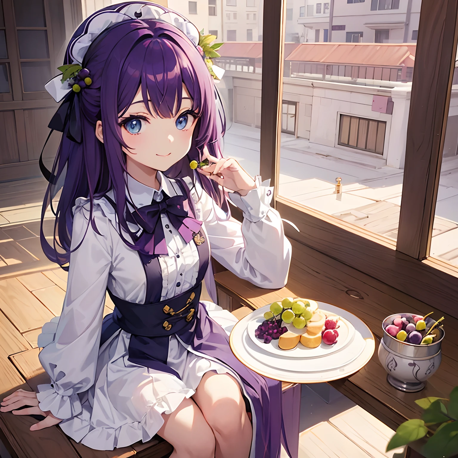 (((Delicat eyes)))、A slight smil、Anime girl sitting at a table with hat and grapes on her head, shorth hair, purple color hair、Cute anime girl, Eating grapes, young anime girl, guweiz, High quality anime art style