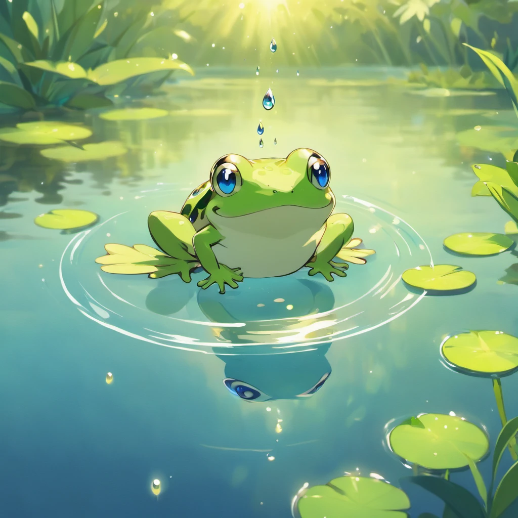 (best quality,highres:1.2),ultra-detailed,shiny green frog pokemon with powerful water-based abilities,blue water aura,piercing eyes,webbed hands and feet,outstretched arms,standing on a lily pad in a calm and serene pond,water drops glistening on its smooth skin,reflections of the moonlight on the water surface,transparent fins on its back and limbs,emitting a soothing and calming aura,bringing tranquility to the surrounding environment,navigating effortlessly through the water,creating playful ripples as it moves,sparkling water splashes and waves,showcasing its powerful water manipulation skills,creating a sense of wonder and awe,amongst lush green trees and vibrant flowers,illuminated by the soft glow of fireflies,harmonizing with nature,colorful rainbow shimmering above the frog pokemon,depicting its connection to the elements,vivid colors and realistic details capturing the essence of this extraordinary creature.