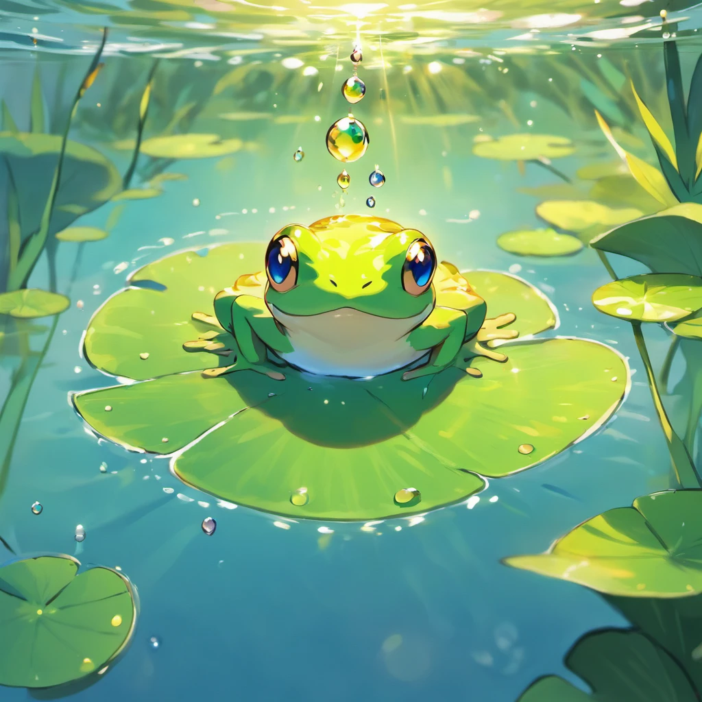 (best quality,highres:1.2),ultra-detailed,shiny green frog pokemon with powerful water-based abilities,blue water aura,piercing eyes,webbed hands and feet,outstretched arms,standing on a lily pad in a calm and serene pond,water drops glistening on its smooth skin,reflections of the moonlight on the water surface,transparent fins on its back and limbs,emitting a soothing and calming aura,bringing tranquility to the surrounding environment,navigating effortlessly through the water,creating playful ripples as it moves,sparkling water splashes and waves,showcasing its powerful water manipulation skills,creating a sense of wonder and awe,amongst lush green trees and vibrant flowers,illuminated by the soft glow of fireflies,harmonizing with nature,colorful rainbow shimmering above the frog pokemon,depicting its connection to the elements,vivid colors and realistic details capturing the essence of this extraordinary creature.