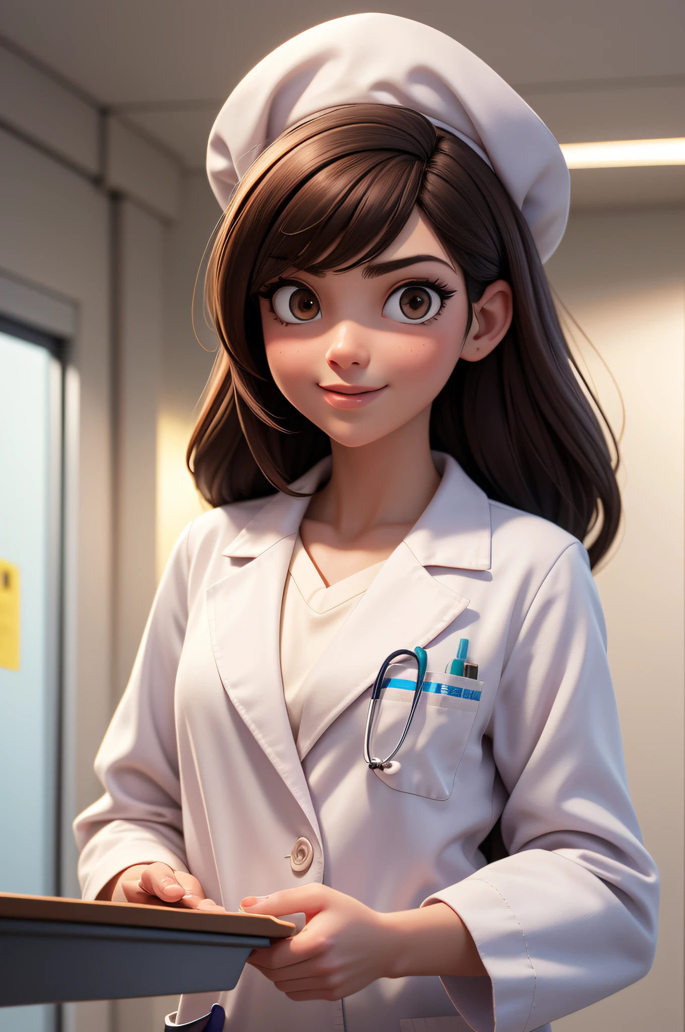A man in a white doctor's costume,Hospital scene,The site is clean,Rejoice,Perfect quality,Clear focus(Clutter - hospitals:0.8), (tmasterpiece:1.2) (realisticlying:1.2) (Bokeh) (best qualtiy) (detailedskin:1.3) (complexdetails) (8K) (detailedeyes) (Sharp focus),(having fun)