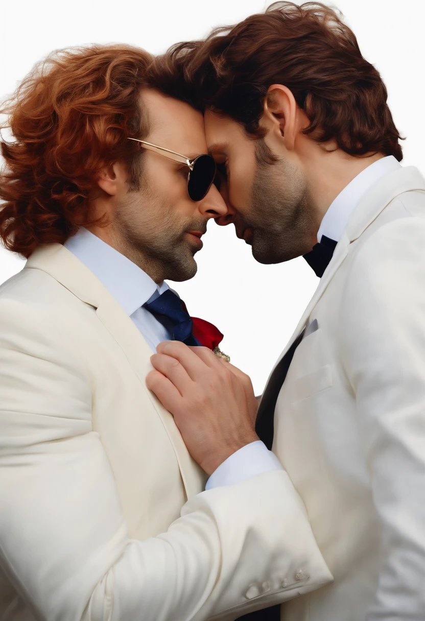 Realistic painting of Michael Sheen in a white suit kissing David Tennant who is in a dark blazer and dark sunglasses David tennant has long red hair and Michael sheen has short curly blond hair both are out of breath and grasping at each other