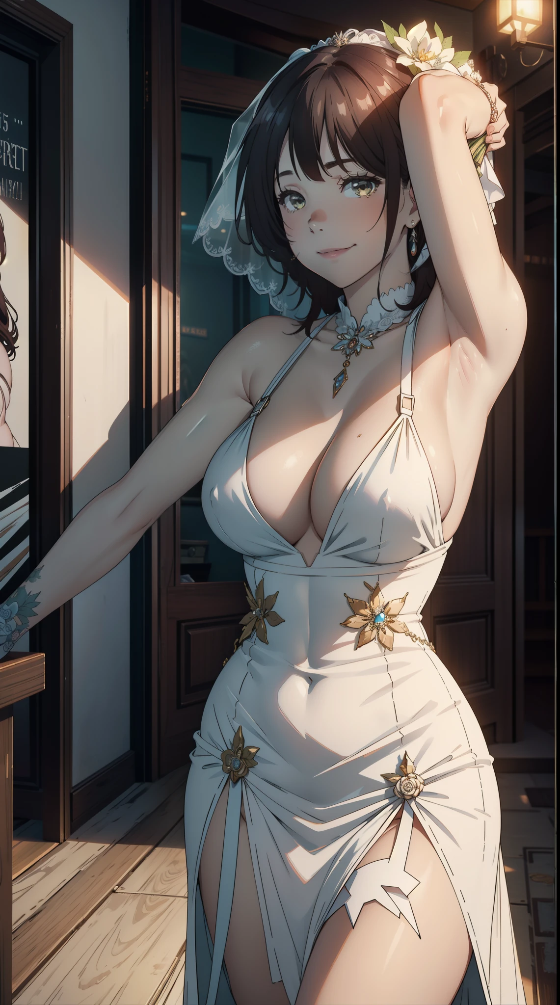 1girl:1.5, masterpiece,(wedding party:1.5), raw color, 8k, illustrator, masterpiece, high quality, 8k, high resolution, high detailed, midriff, high quality, (very detailed cg unity 8k wallpaper),best qualtiy,cinematic lighting, ultra - detailed,masterpiece,), (nsfw:1), (bodypress dress:1.5), (big breast), depth of field, front view, smirk smile, detail face, armpit, full body, (humiliation)
