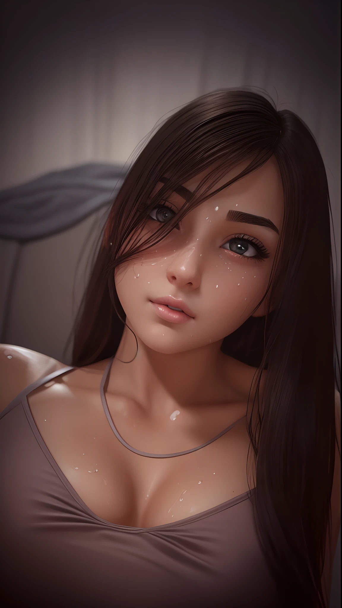 Beautiful girl, hot girl, detailed face, detailed eyes, detailed hair, detailed body, hanging boobs, change background, 8k, realistic, ultra realistic, visible panties, visible swimsuit, ((she is sweating)).