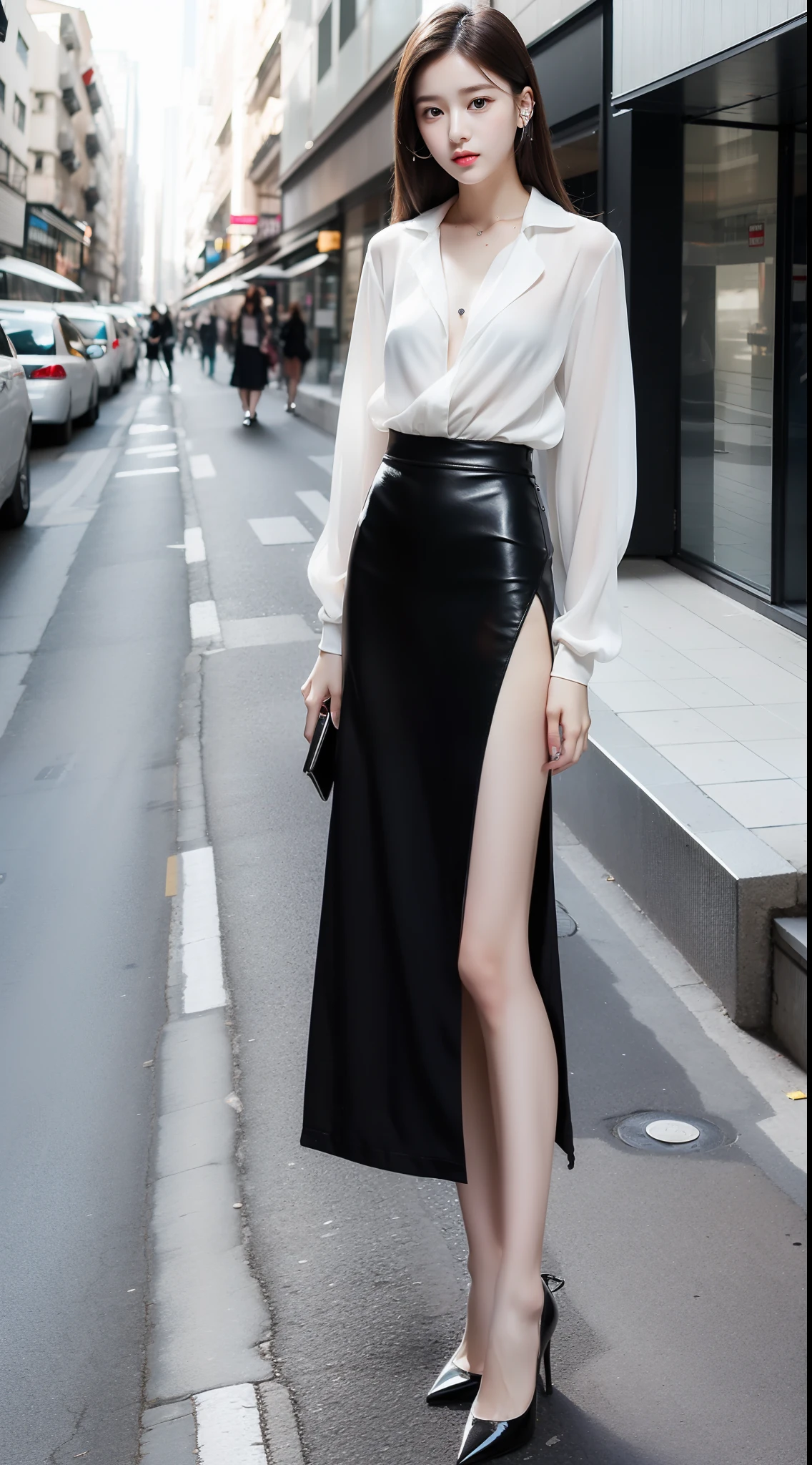 masterpiece(:1.3), Highest quality,超High resolution,High resolution, Highest quality,8k,16K,極めてdetailed,detailed,Full body photo,Japanese,Beauty,Model body type,Golden Ratio Style,Narrow waist,Long, slender legs,Brown wavy hair,career woman,business suit,Put on a black jacket,White shirt open to the chest(Ultra-thin fabric),Red Bra,Brown pantyhose,Black tight skirt(Long side slits),pumps,Handbags,necklace,Earrings,ring,,Hair blowing in the wind,(A snapshot on a tree-lined street in an office district),