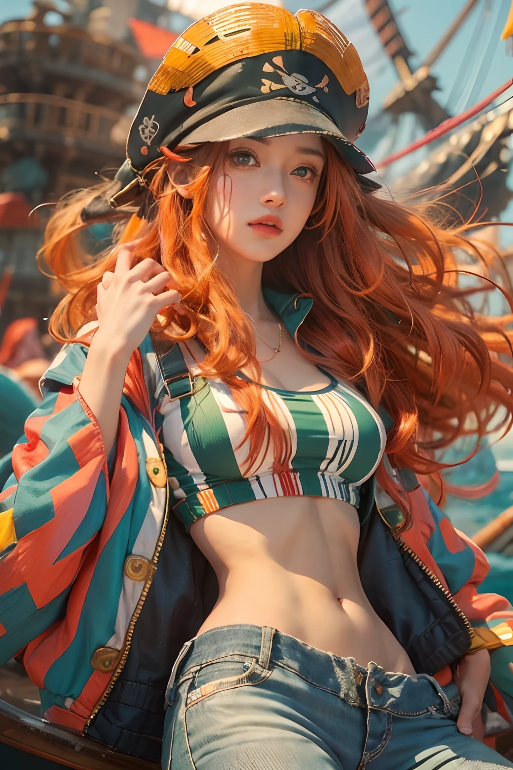 One Piece anime character，Nami，Eastern European mixed race sweet face，Preserve character details，，Long flowing orange hair，Wearing a green striped bikini，skintight jeans，Sea backgroun，，pirate ships，ultra-realistic realism, shadowing, anaglyph, stereograms, angle of view, Atmospheric perspective, 8K, Super detail, ccurate, Best quality