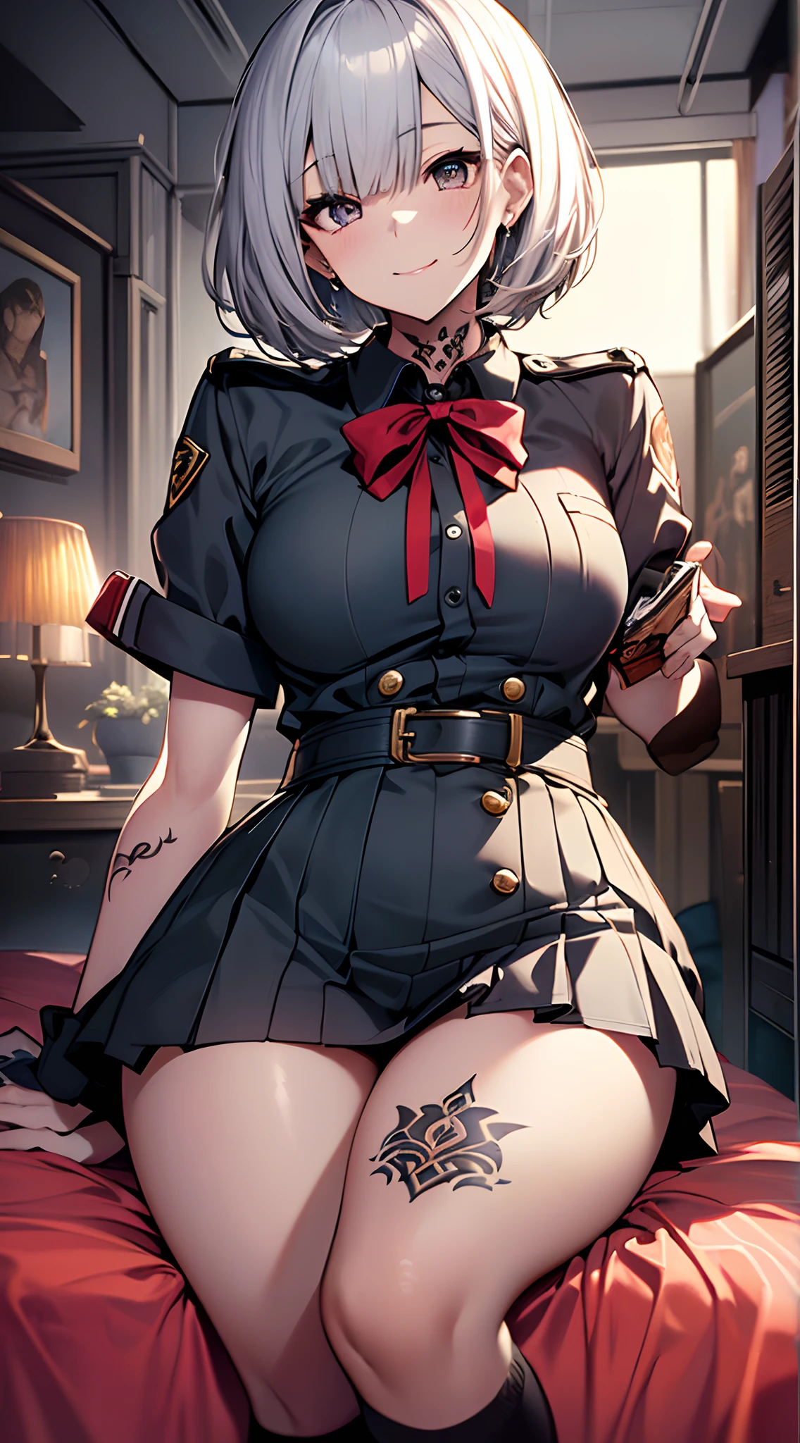 top-quality、Top image quality、in 8K,4K,​masterpiece、(NSFW:1.1)、ultra-detailliert、Beautiful、ultra-quality、adult-like、Cool、girl with(((18year old、shool uniform:1.3、a miniskirt:1.4、Bust 78、silber hair、a short bob、Red Eyes、erotick:1.4、Happiness、The tattoo)))、hiquality、visualart、Background with((Bedrooms:1.4))、Fall on the bed:1.7、masutepiece