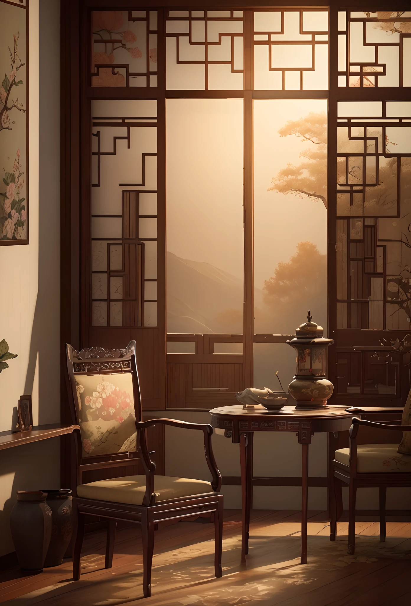 Chinese scene，Vintage furniture，There are flowers on it，Use classical aesthetics，oriental wallpaper，Antique rhyme，Chinese painting style，Soft lighting and light tones，inspired by Emperor Huizong of Song，high-definition picture quality，4K，New Chinese style is more modern