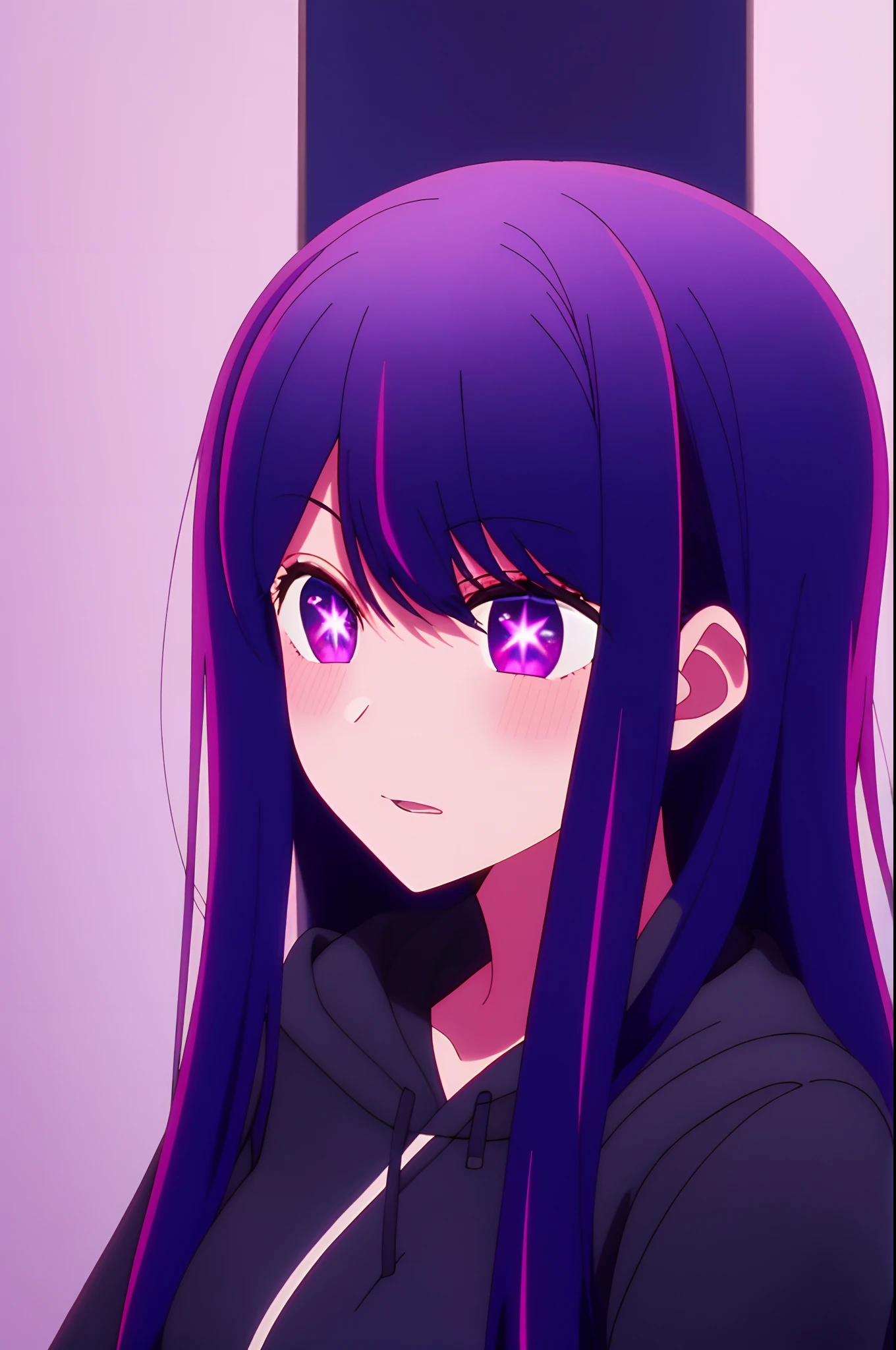 Yukino, best quality, purple color hair, purple eyes, in a black hoodie, cute girl, her expression is solemn, sexy face, she has a cute expressive face, hard breast