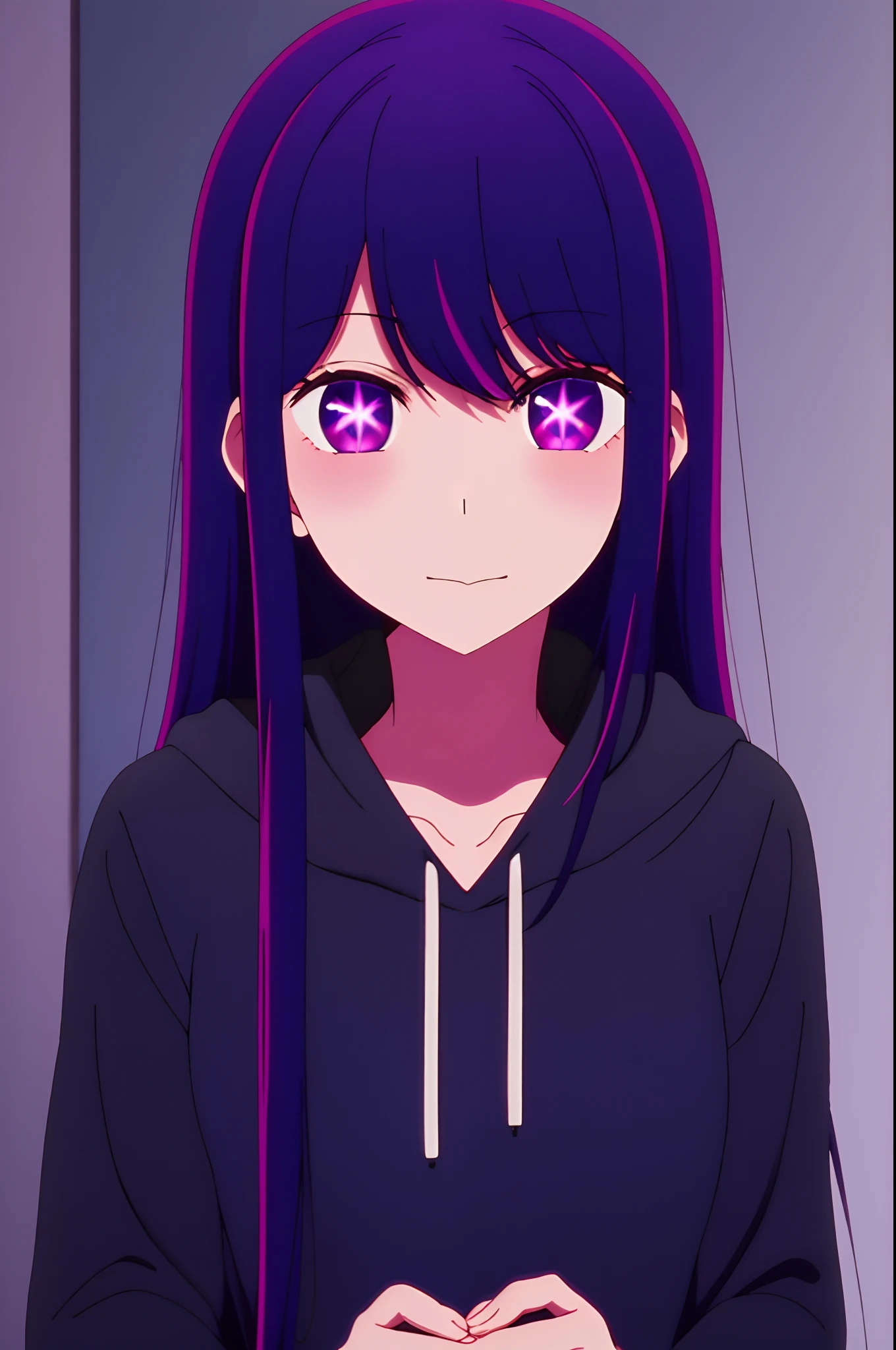 Yukino, best quality, purple color hair, purple eyes, in a black hoodie, cute girl, her expression is solemn, sexy face, she has a cute expressive face, hard breast