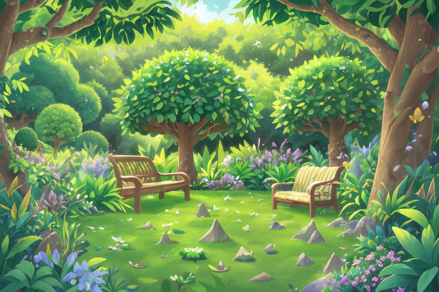 (best quality,4k,8k,highres,masterpiece:1.2),ultra-detailed,(realistic,photorealistic,photo-realistic:1.37),vibrant colors,beautifully lit garden,lush greenery,fragrant flowers,birds chirping peacefully,sunlight filtering through leaves,stone pathway,decorative trellises with climbing plants,flowerbeds bursting with colorful blooms,peaceful and tranquil ambiance,serene atmosphere,perfectly manicured hedges,majestic trees providing shade, benches for relaxation,unblemished blue sky,delicate petals gently swaying in the breeze,magical and enchanting garden scenery,nature in full bloom
