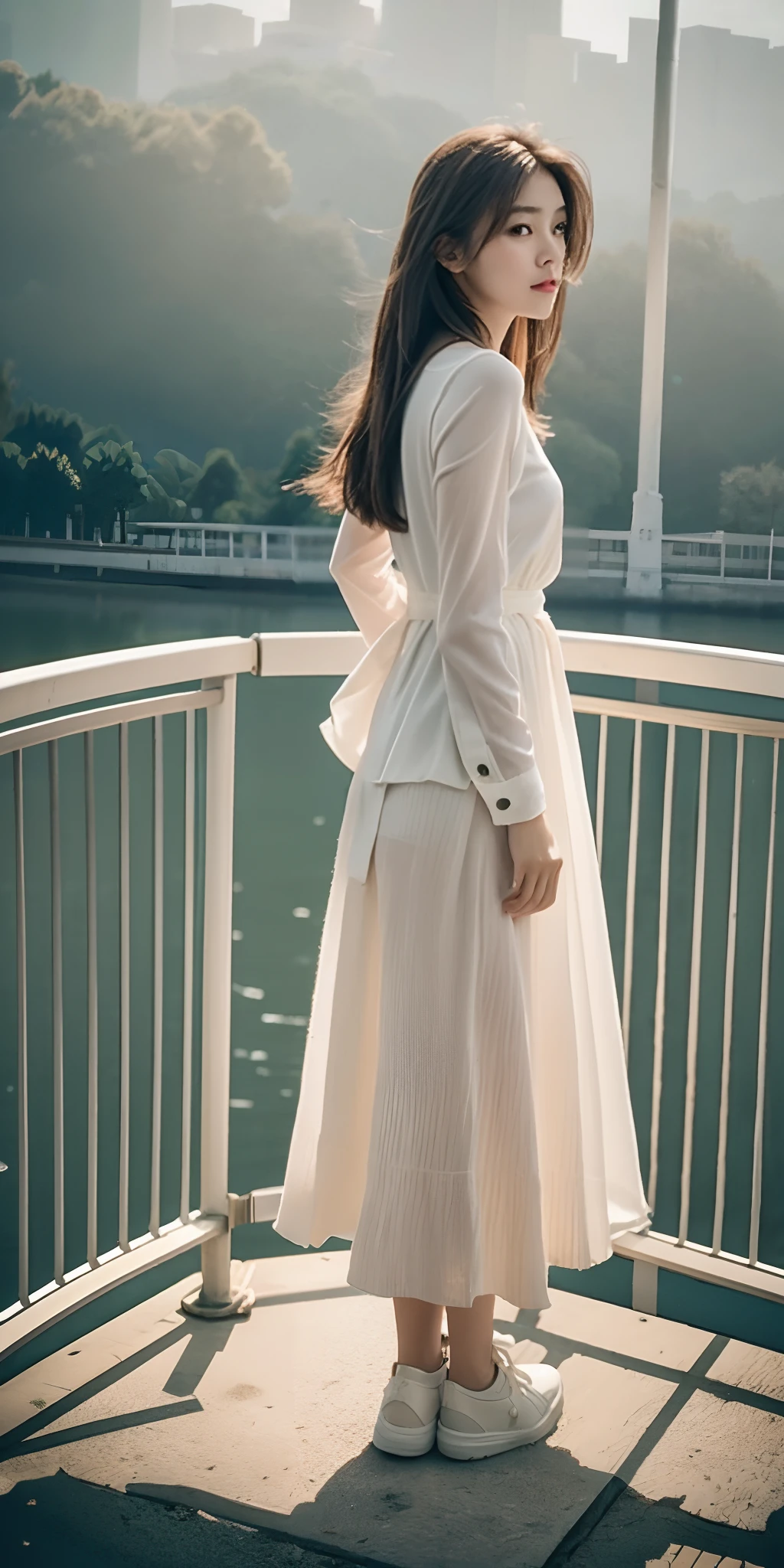 full body Esbian、Portrait of cute brown-haired girl、Standing on the bridge (((looking at away)))、Orange fog、movement、wispy hair、真实感、high quality render、stunning art、hightquality、Film grain、FujifilmXT3、Dreamy、small tits、A slender