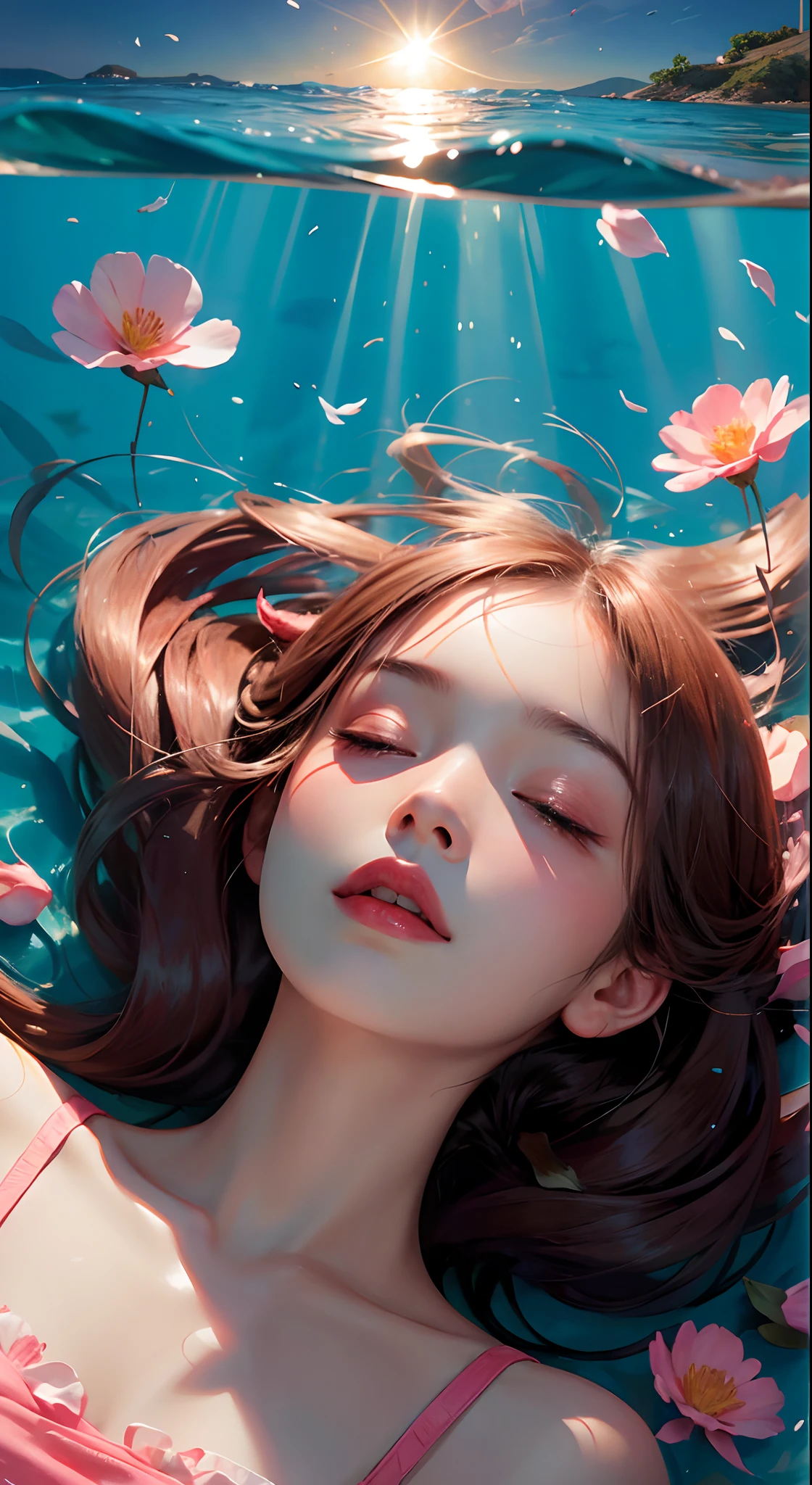 Under the water，ocean floor，Sunlight shines through the sea，A  girl，Fell asleep quietly in the water，The girl is surrounded by pink petals，fire works