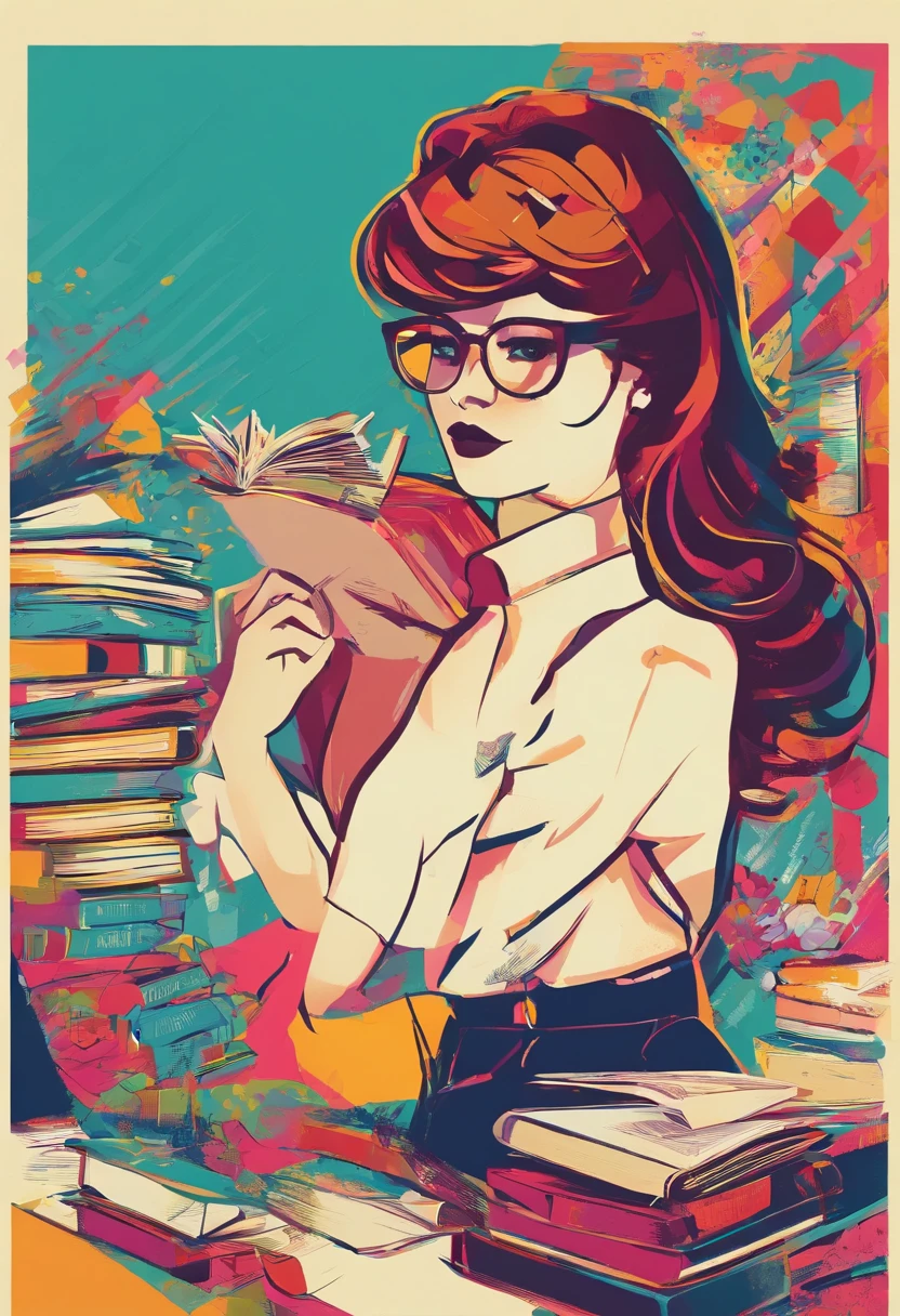 A female college student is new，Back Shadow，Hold a few books in your hand，wears glasses，，Enter the door of the securities market，Make a poster on this theme，