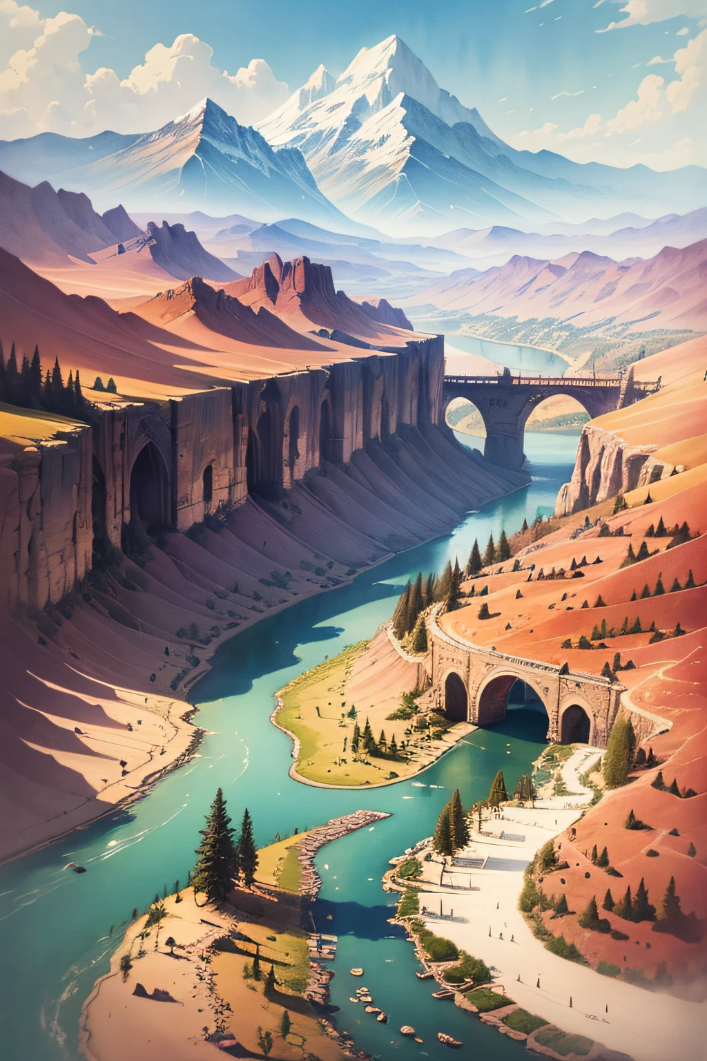 Fantasy landscape using watercolor to include details such as trees, mountains and river in bright colors