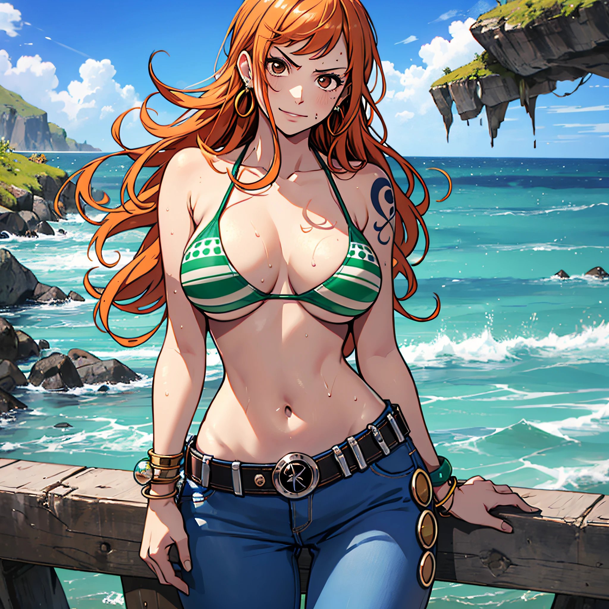 nami \(one piece\), 1girl, bangle, bangs, bare shoulders, belt, bikini, bikini top only, bracelet, breasts, brown eyes, bubble, cleavage, denim, earrings, floating hair, green belt, green bikini, groin, jeans, jewelry, large breasts, long hair, looking at own body, navel, orange hair, pants, shoulder tattoo, sidelocks, sky, smile, solo, stomach, swimsuit, tattoo, angry, crossed arms, (sweaty:1,2), shy, flusttered, , ((masterpiece))