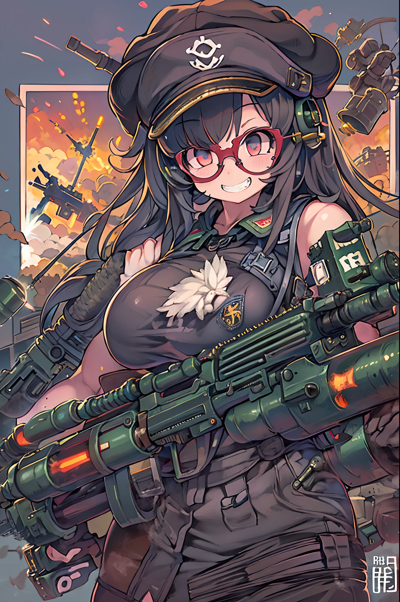 masutepiece, Best Quality, 1girl in, Sharp eyes, Evil smile,rocket launcher、Huge firearms、big round glasses,Camisole、Jagged teeth,Moe、heavy machine gun、machine gun、Spree、big explosion