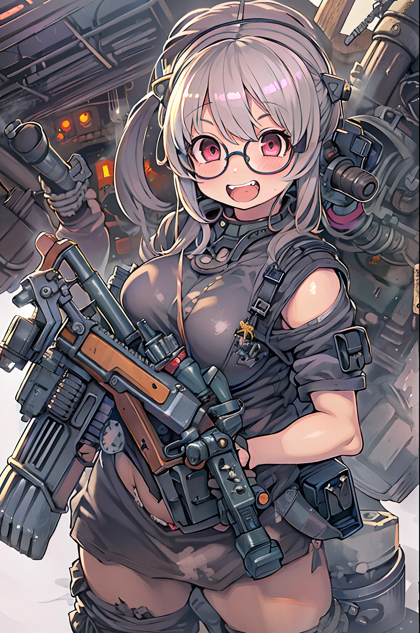 masutepiece, Best Quality, 1girl in, Sharp eyes, Evil smile,rocket launcher、Huge firearms、big round glasses,Camisole、Jagged teeth,Moe、heavy machine gun、machine gun、Spree、big explosion