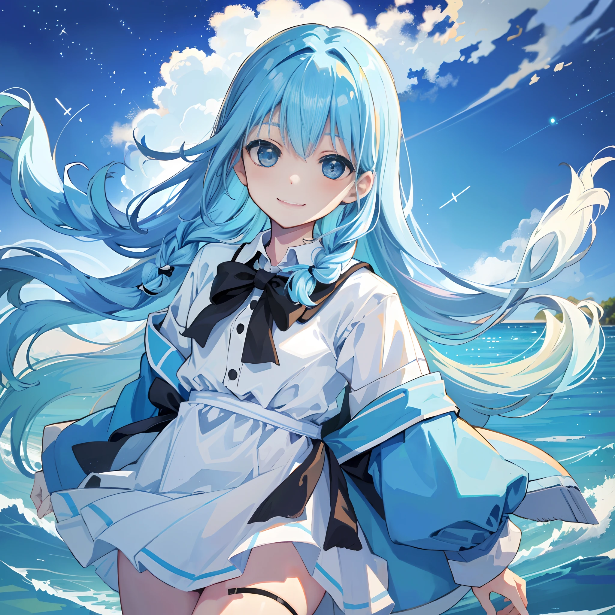 (Facial Focus), (1 girl, Female, Woman, Solo, pale skin, Casual Fashion, kawaii), (Long hair, Single braided hair, Light blue hair, Cute face, lightsmile), (By the sea), Milky way