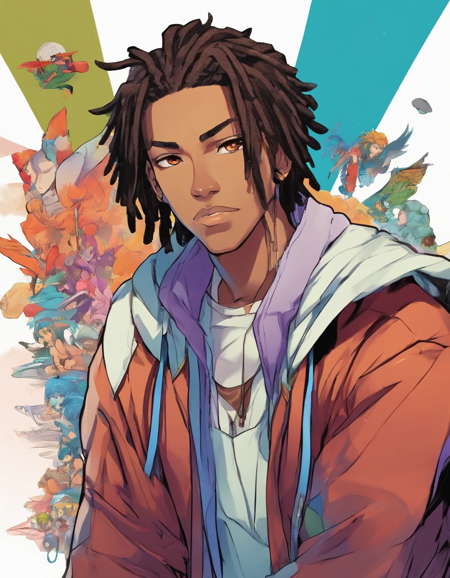 toryboard:1.8, cartoon strip,comic:: en una casa futurista, Estilo Comic de Marvel, hiperHD, 24K UHD, a drawing of an dark skin person with a black dreadlocks and a white shirt, wearing black hoodie with an yin Yang logo on it, halfbody headshot, cel - shaded art style, inspired by Okumura Masanobu, halfbody portrait, tyler jacobson style, anime character, cel shaded:15, young anime man, androgynous appearance, shaggy dreadlocks, blue eyes with purple irises(((hetrochromia, multicolored eyes)))