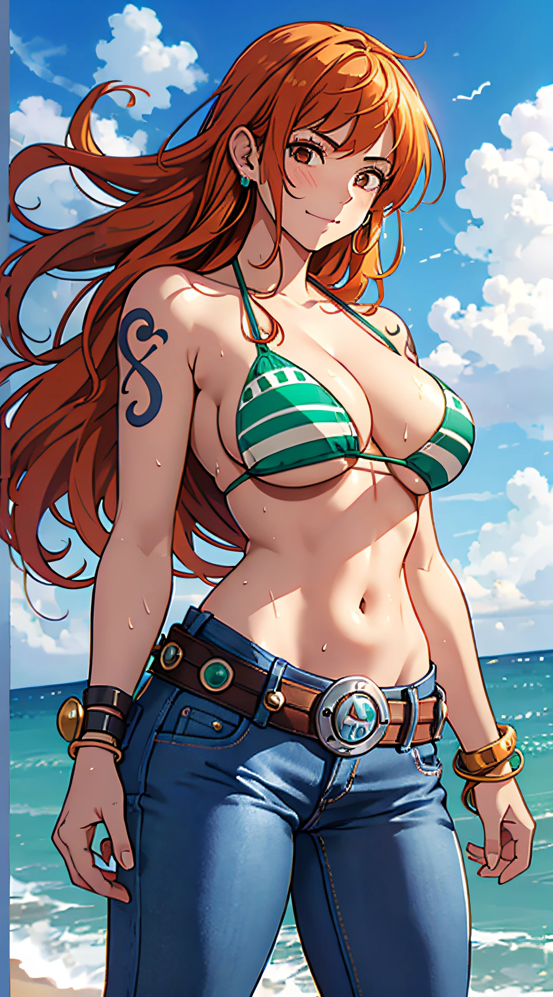 nami \(one piece\), 1girl, bangle, bangs, bare shoulders, belt, bikini, bikini top only, bracelet, breasts, brown eyes, bubble, cleavage, denim, earrings, floating hair, green belt, green bikini, groin, jeans, jewelry, large breasts, long hair, looking at own body, navel, orange hair, pants, shoulder tattoo, sidelocks, sky, smile, solo, stomach, swimsuit, tattoo, angry, crossed arms, (sweaty:1,2), shy, flusttered, , ((masterpiece))