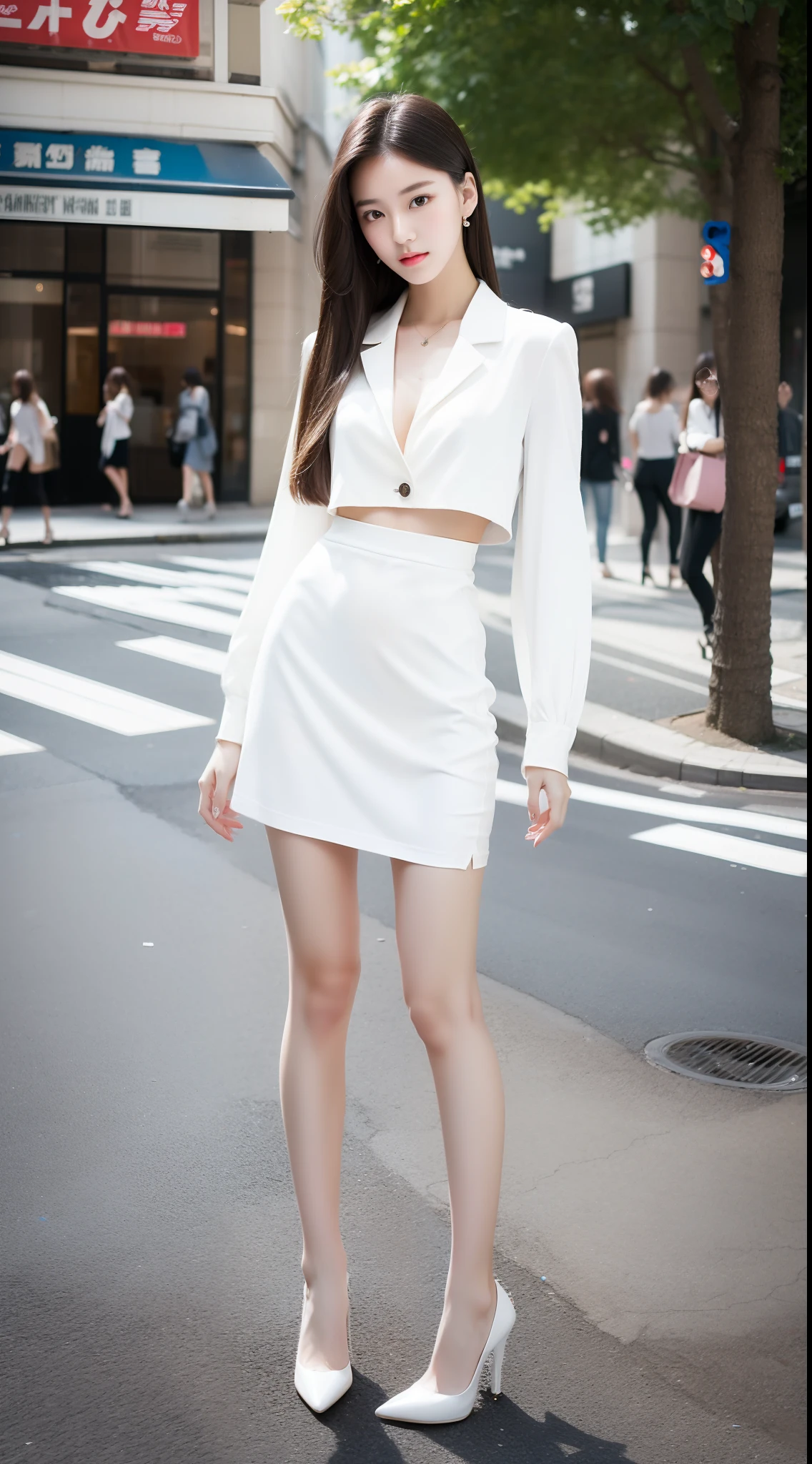 Ultra-clear resolution，top Quority，Wonderful young girl，ear studs，Clear  eyes，plain face，Gloss on lips，s the perfect face，White skin，Nice chest，Slender legs，Random clothes，Slim fitting miniskirt，black heels，street