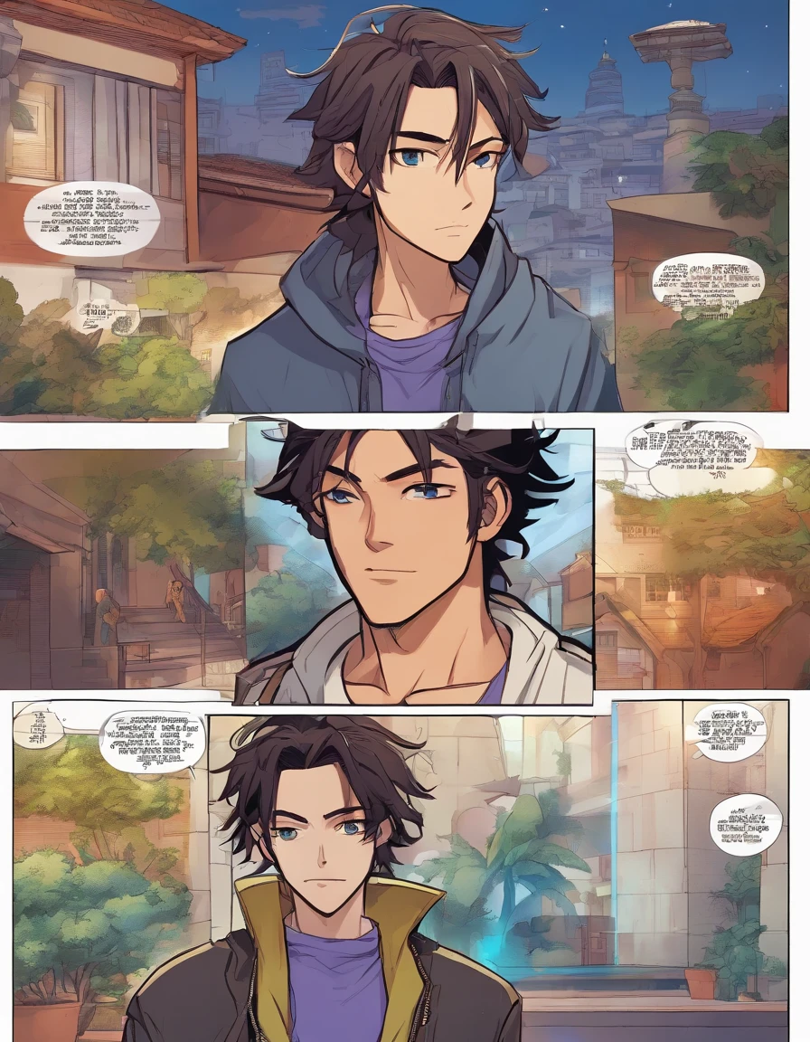 Storyboard:1.8, cartoon strip,comic:: en una casa futurista, Estilo Comic de Marvel, hiperHD, 24K UHD, an dark skin person with a black dreadlocks and a white shirt, wearing black hoodie with an yin Yang logo on it, halfbody headshot, cel - shaded art style, inspired by Okumura Masanobu, halfbody portrait, tyler jacobson style, anime character, cel shaded:, young anime man, androgynous appearance, shaggy dreadlocks, blue eyes with purple irises(((hetrochromia, multicolored eyes)))