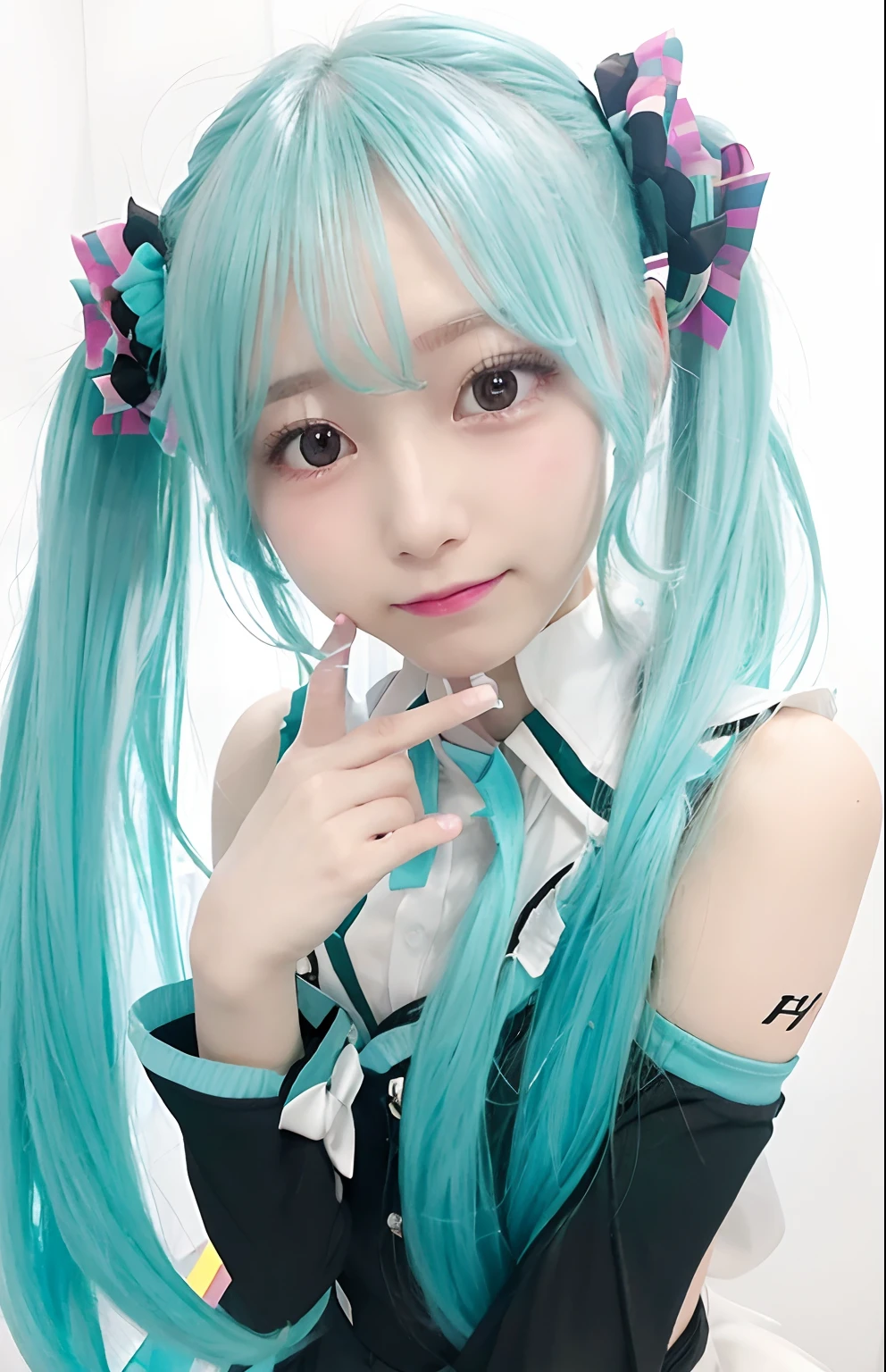 1girl, hatsune miku, white uniformshort sleeve gloves, two ponytails, light blue, realistic, ultra detail, 70mm lens,
