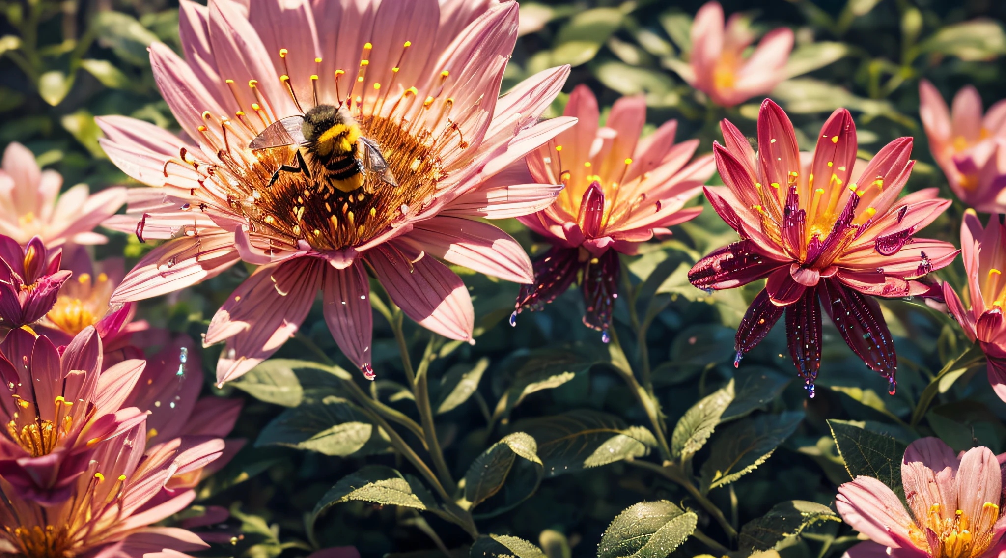 A macro photograph of a bumble bee covered in pollen while resting on a red flower in atmospheric early morning sunlight with waterdrops on the petals, other flowers in soft bokeh in background, high magnification
Waiting to start