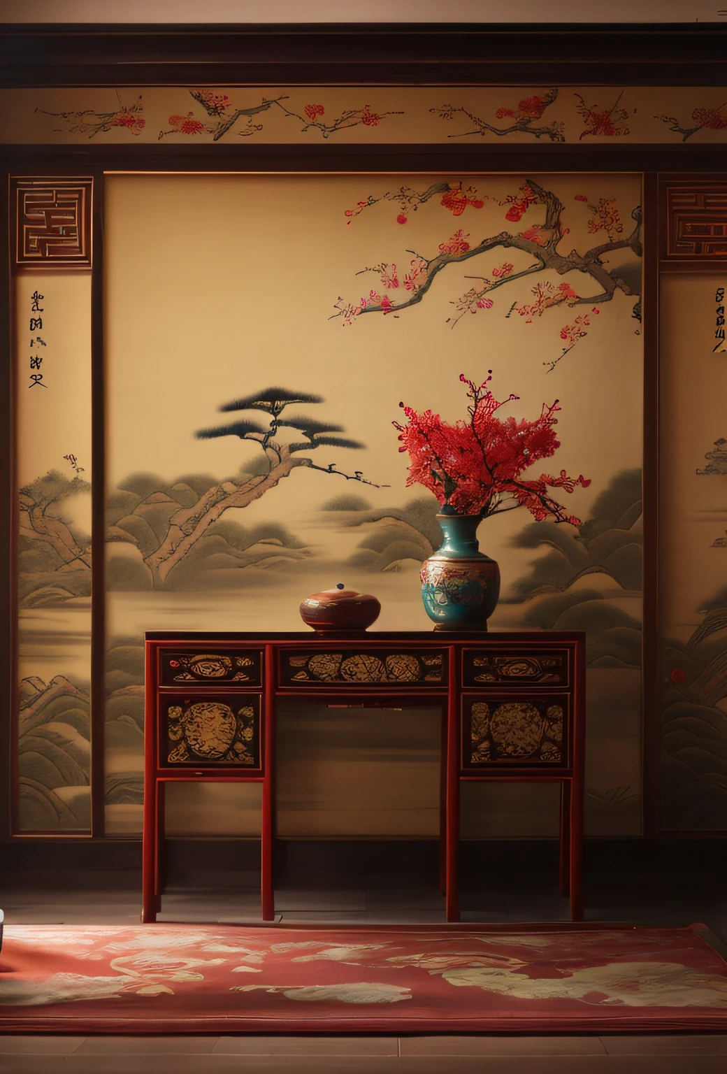 There is a vase on the table in front of a painting，There are flowers on it, oriental wallpaper, Chinese style, Chinese style painting, author：Ma Yuanyu, with ancient chinese aesthetic, author：Zhang Yin, author：Wen Boren, inspired by Xie Shichen, Traditional Chinese art